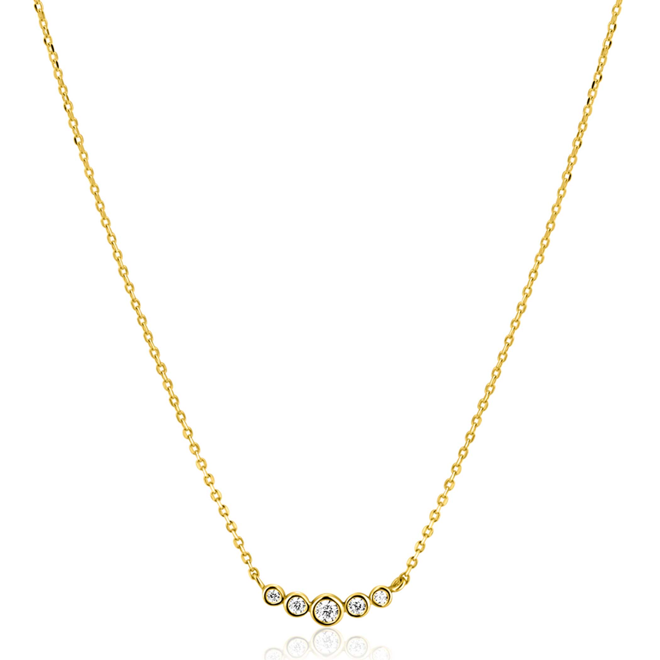 ZINZI Gold 14 karaat gouden ketting met vijf ronde witte zirconia's op een rij 45cm ZGC556
