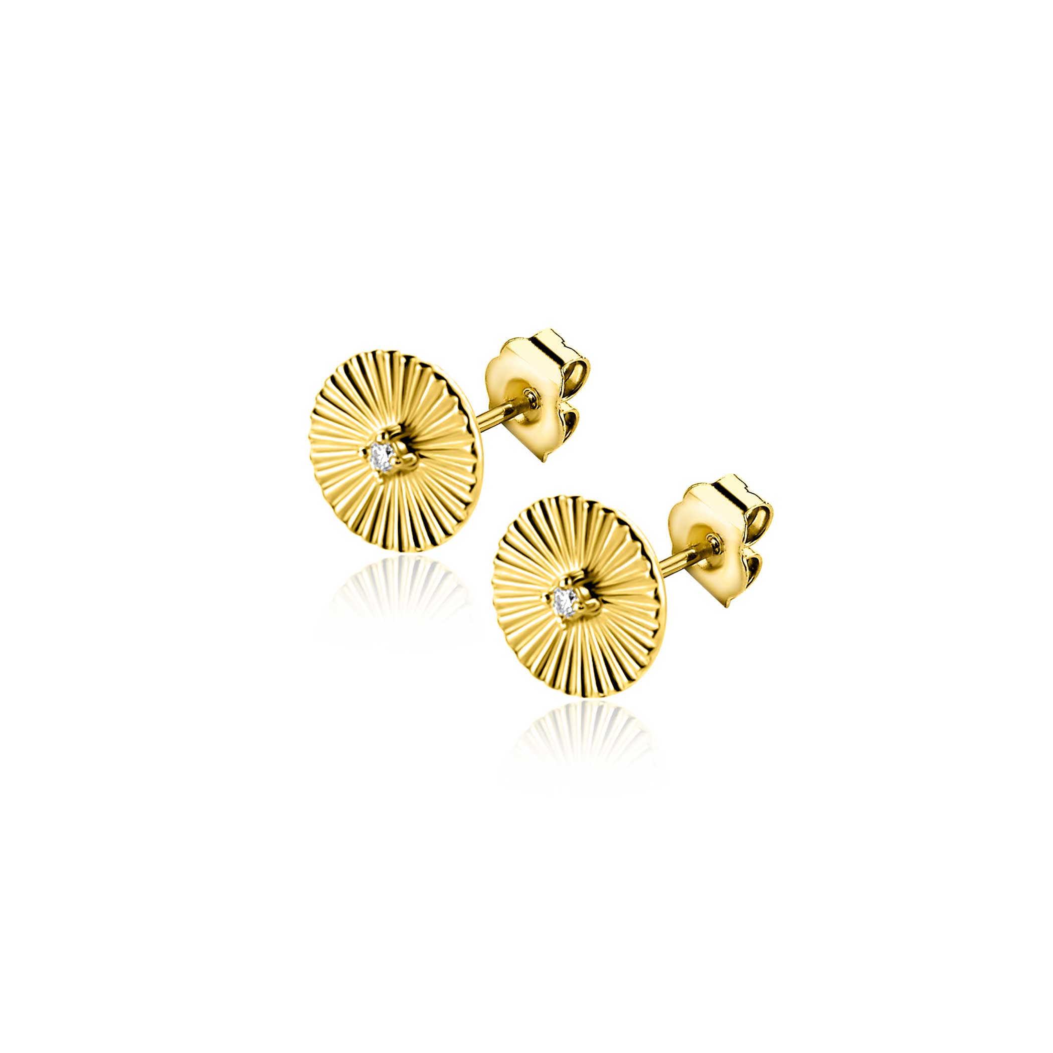 6mm ZINZI Gold 14 krt gouden oorstekers rond met zonnestralen en witte zirkonia ZGO542 (zonder collier)
