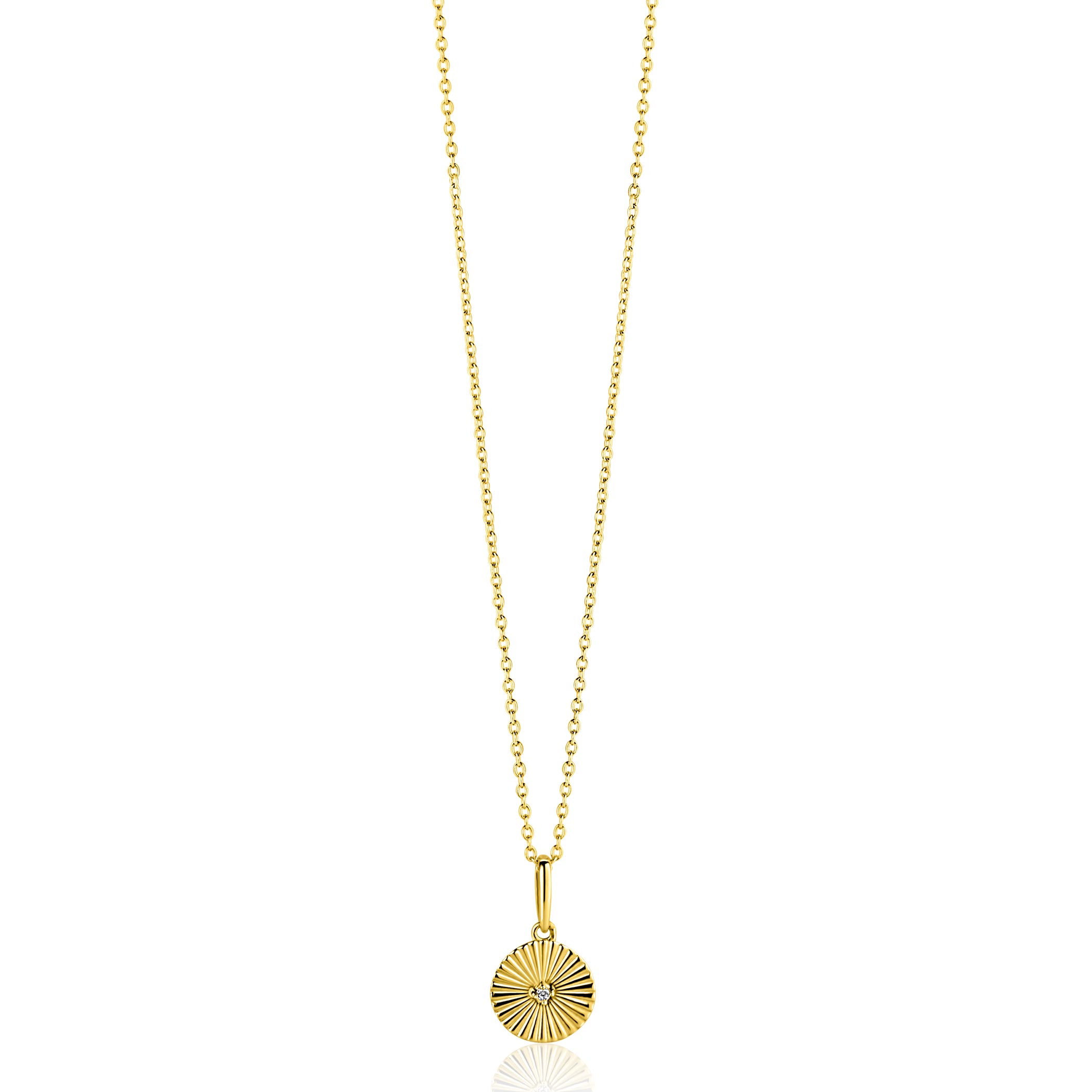 14mm ZINZI Gold 14 krt gouden hanger rond met zonnestralen en witte zirkonia ZGH542 (zonder collier)