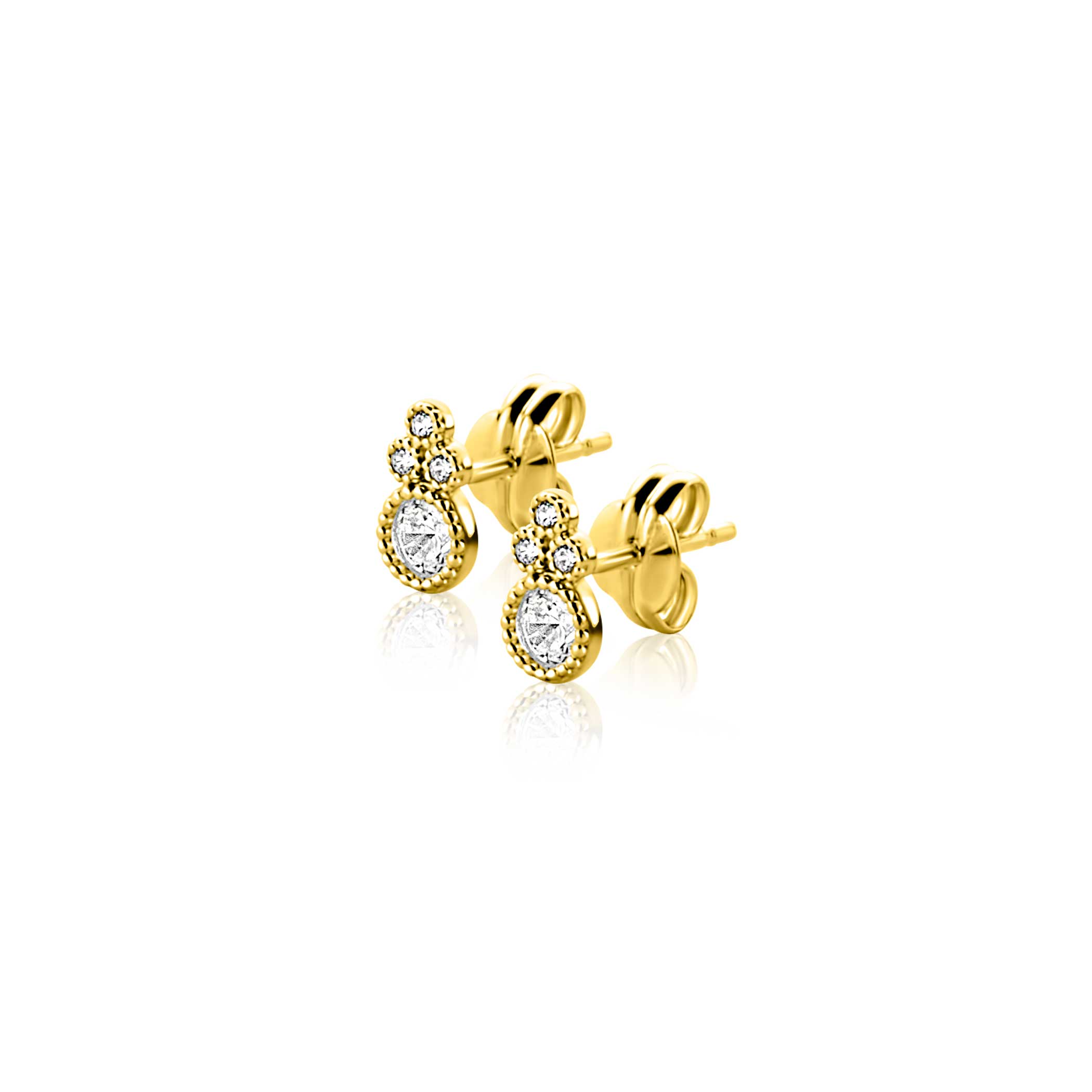 7mm ZINZI Gold 14 krt gouden fantasie oorstekers, bezet met witte zirkonia's ZGO545