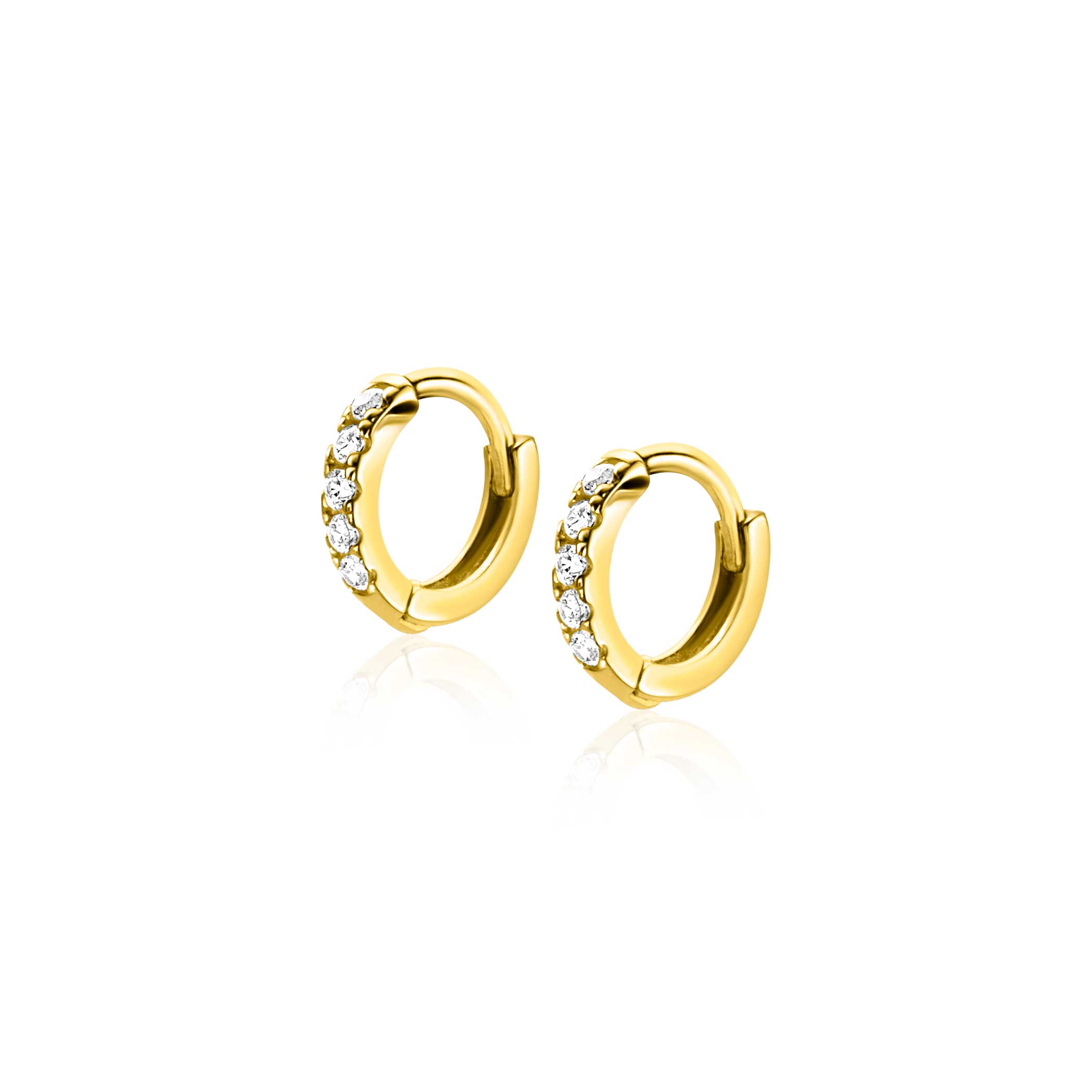 8mm ZINZI Gold 14 krt gouden oorringen bezet met witte zirconia's, luxe klapsluiting 8x1,6mm ZGO467
