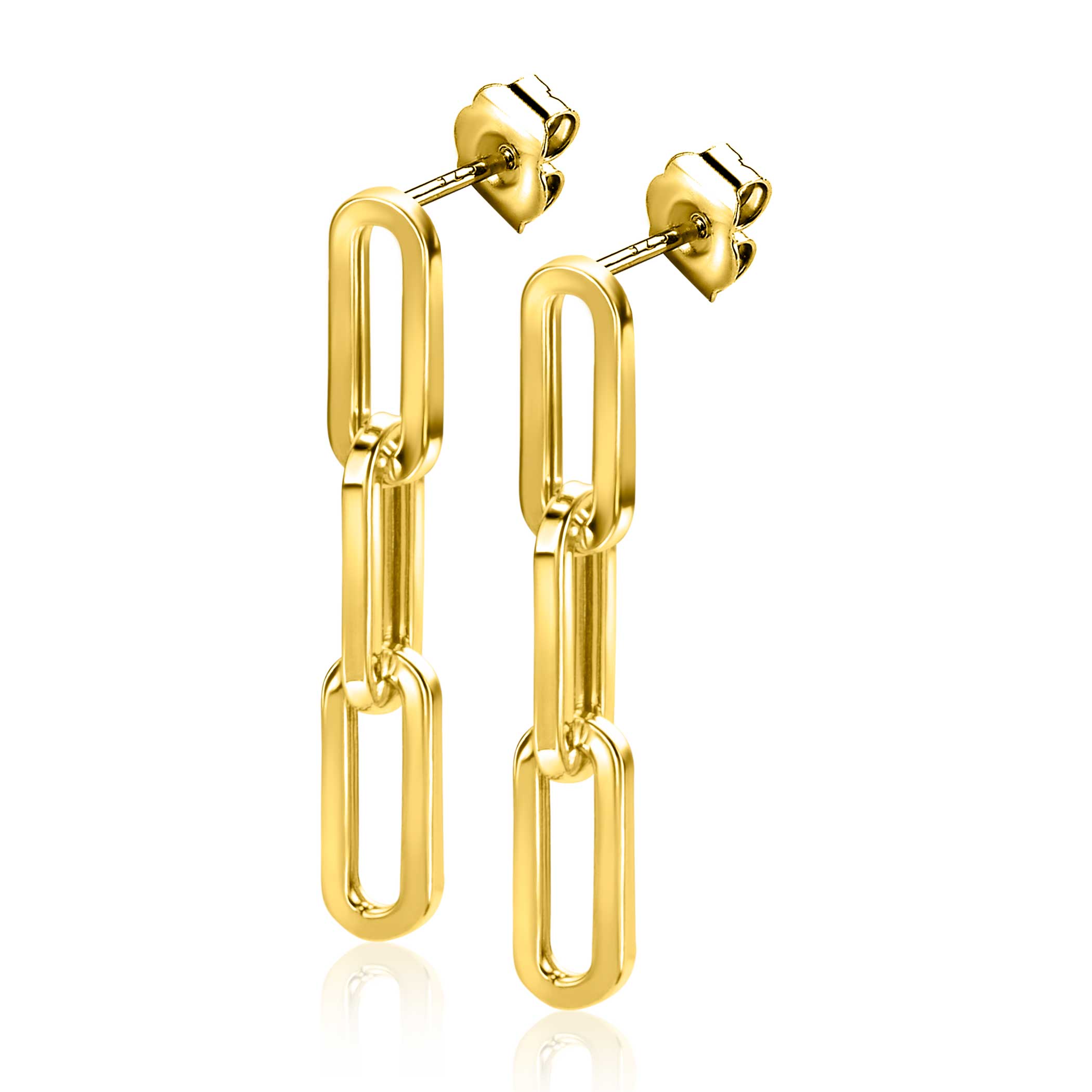 34mm ZINZI Gold 14 krt gouden oorstekers met drie trendy paperclip-schakels 34mm ZGO361