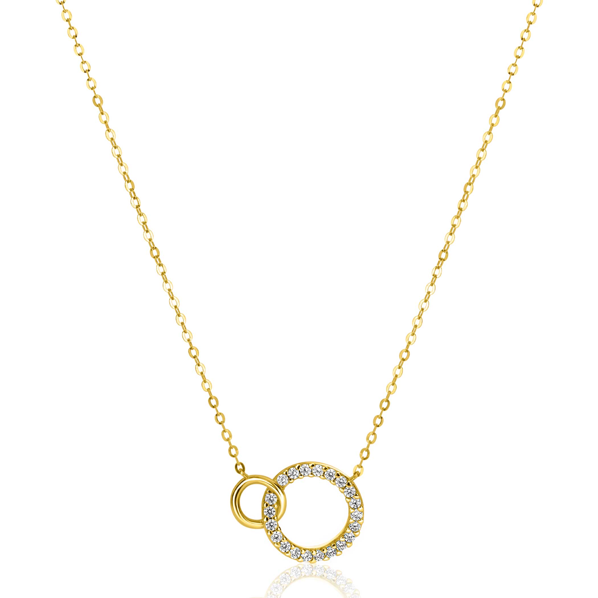 ZINZI Gold 14 krt gouden ketting met twee open rondjes, mooi met elkaar verbonden. Het groter rondje (11mm) is bezet met witte zirconia's 40-43cm ZGC460

