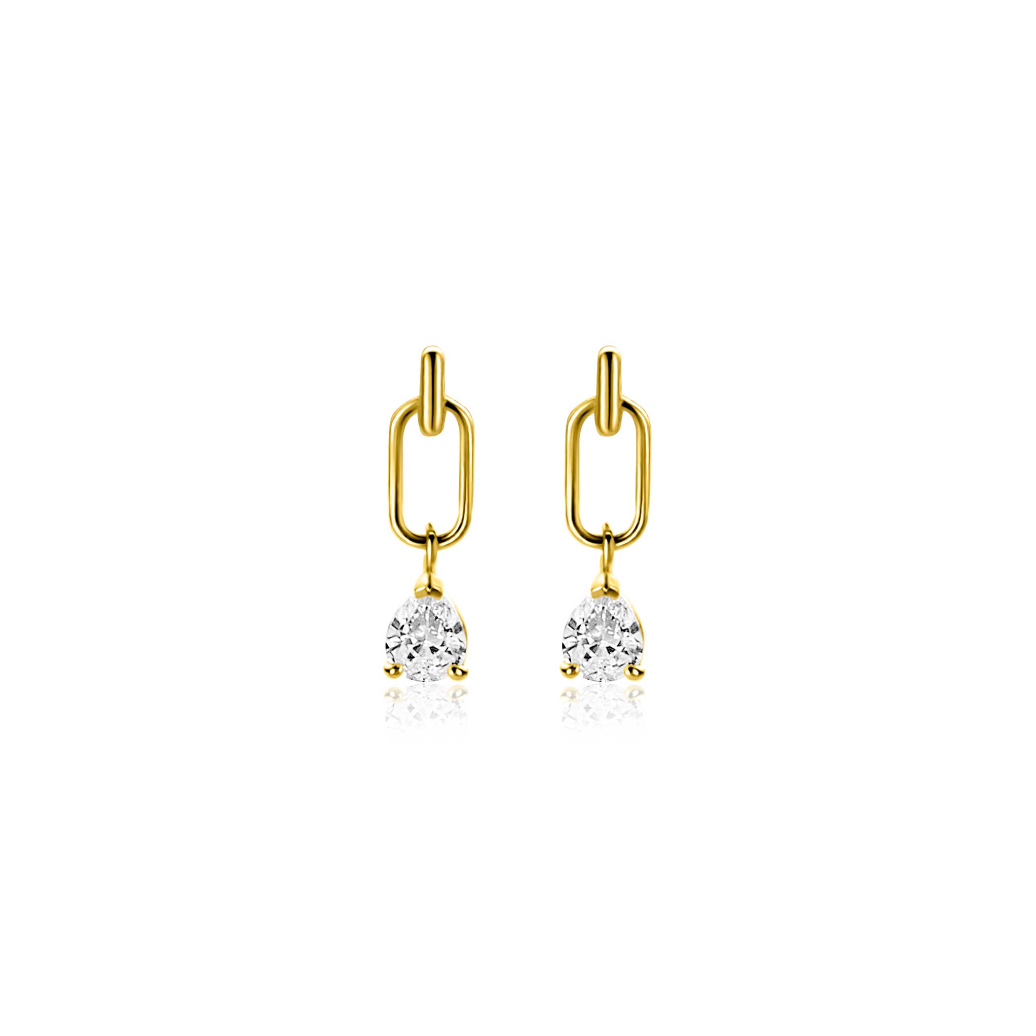 12mm ZINZI Gold 14 krt gouden oorstekers, open ovaal met peervormige witte zirkonia ZGO548