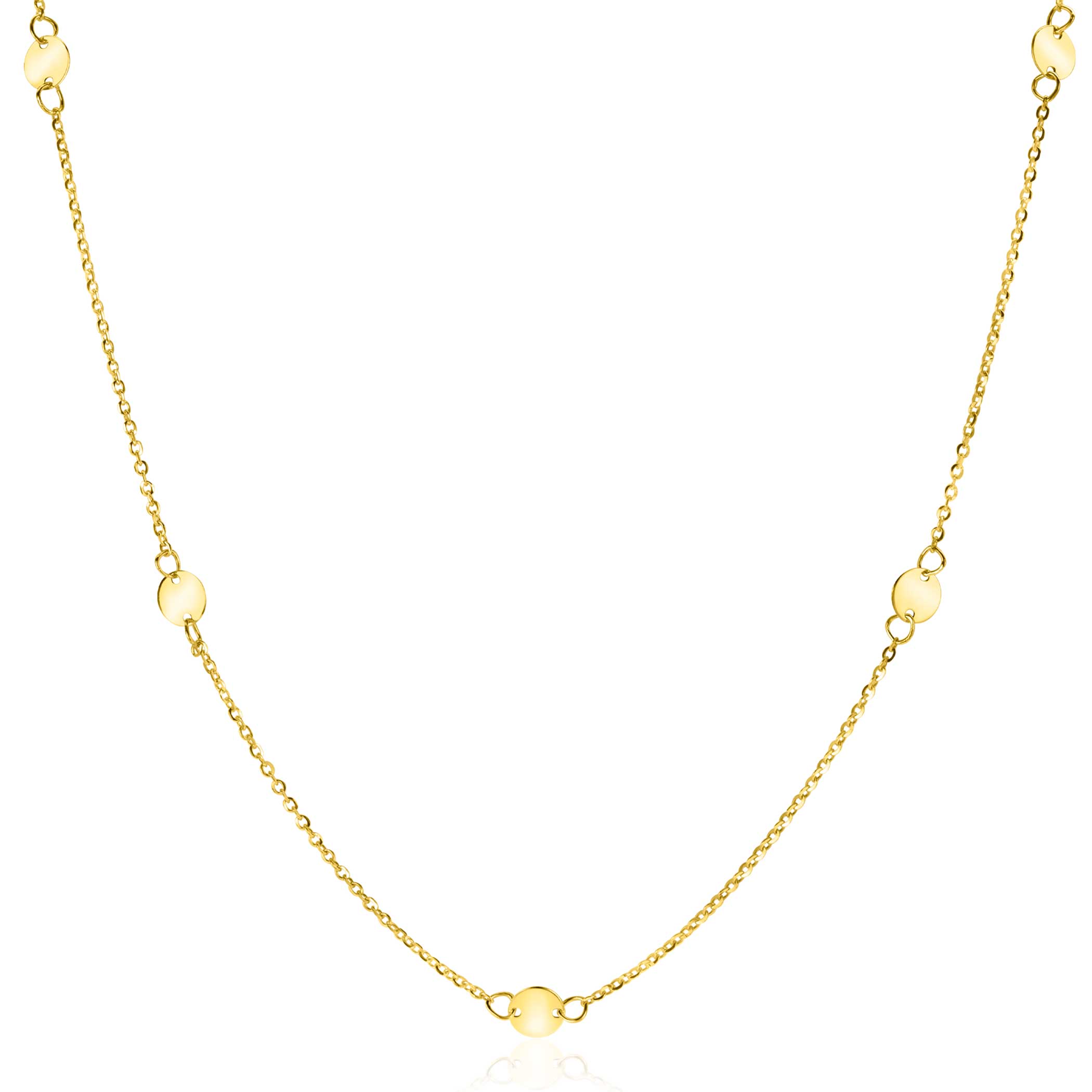 ZINZI Gold 14 krt gouden ketting met subtiele jasseron schakels en zeven ronde gladde plaatjes 5mm breed 42-45cm ZGC444
