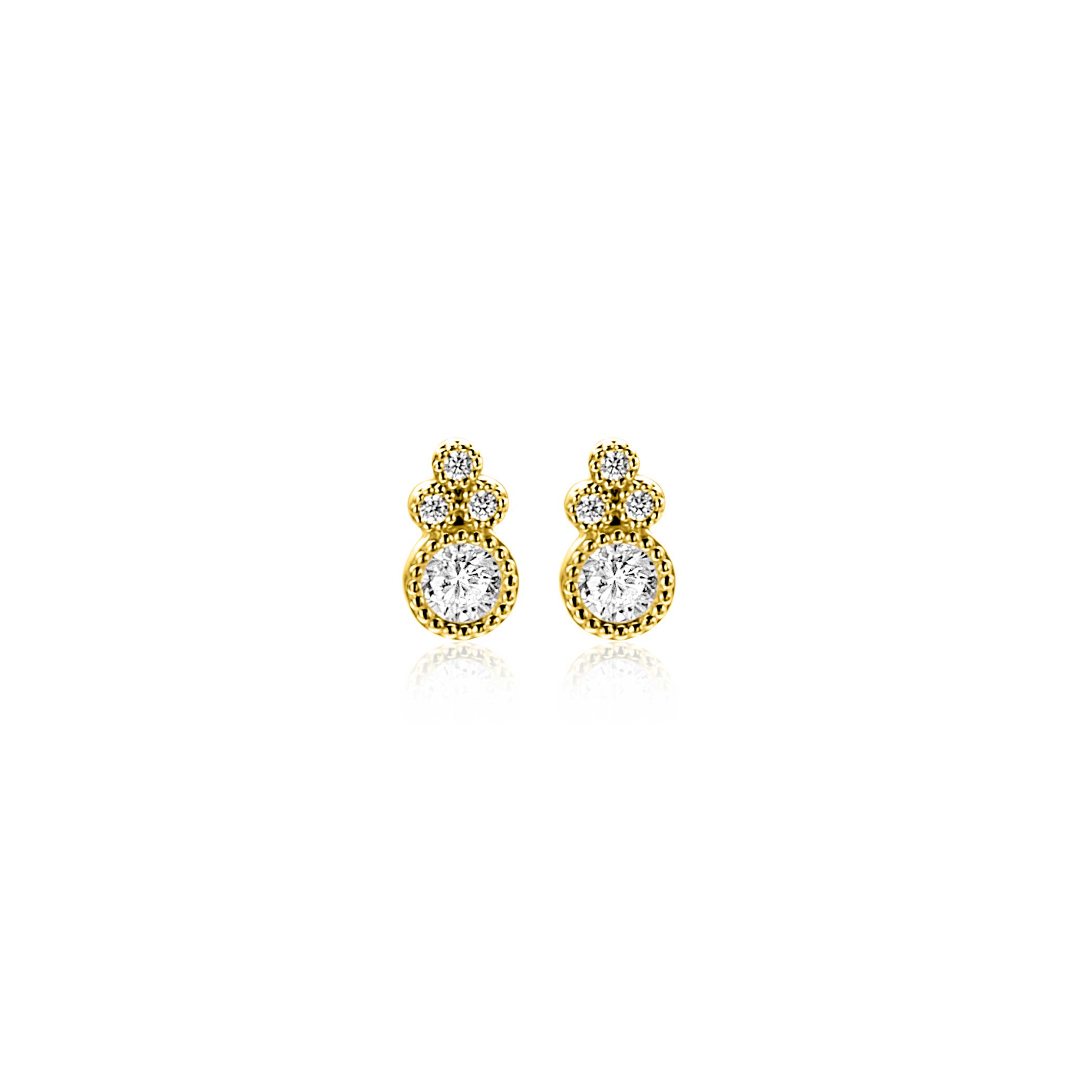 7mm ZINZI Gold 14 krt gouden fantasie oorstekers, bezet met witte zirkonia's ZGO545