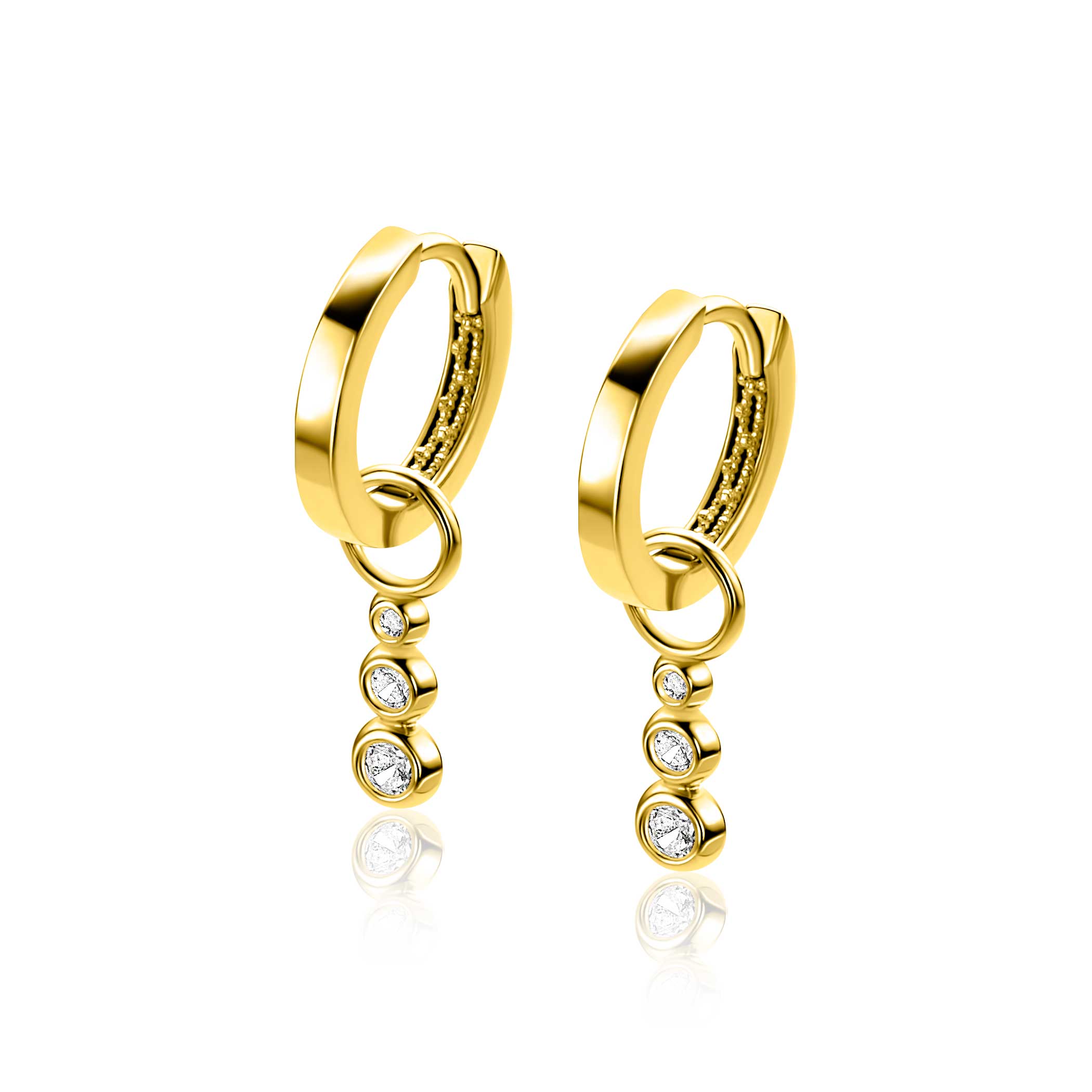 ZINZI Gold 14 karaat gouden oorbedels met drie aflopende ronde witte zirconia's ZGCH556 (zonder oorringen)