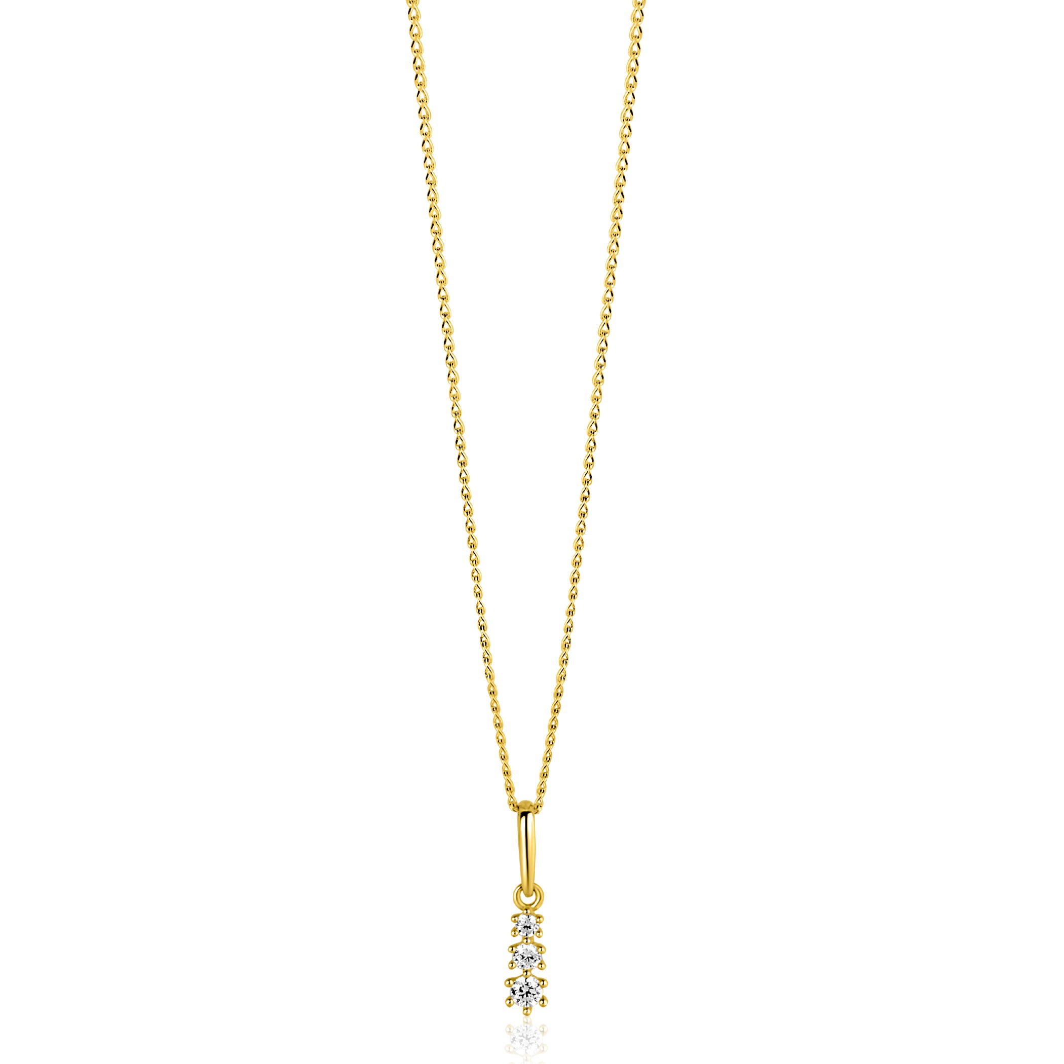 13mm ZINZI Gold 14 krt gouden hanger met drie witte zirkonia's ZGH543 (zonder collier)