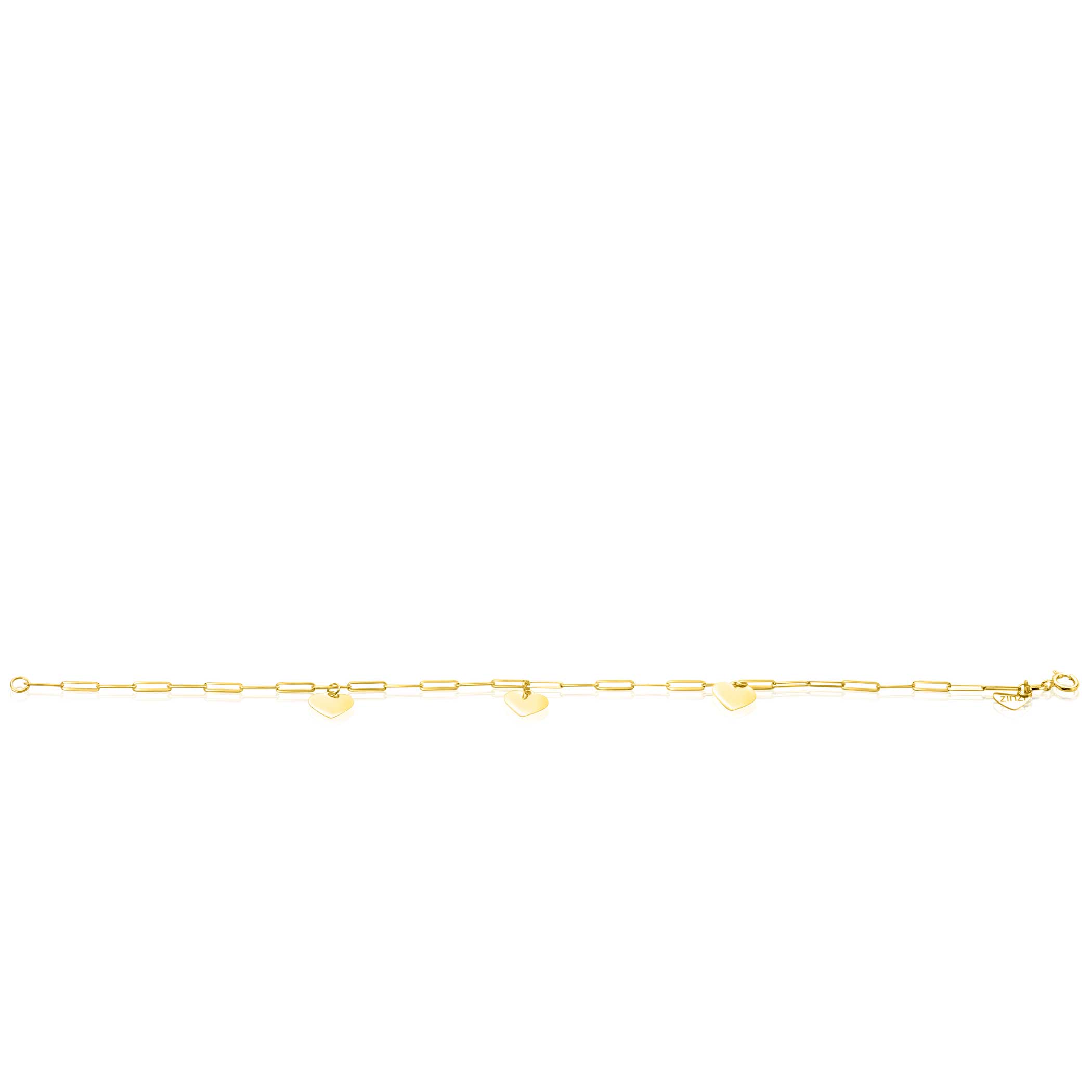 ZINZI Gold 14 krt gouden armband met trendy paperclip schakels 1,8mm breed met drie gladde harten, lengte 19cm ZGA342