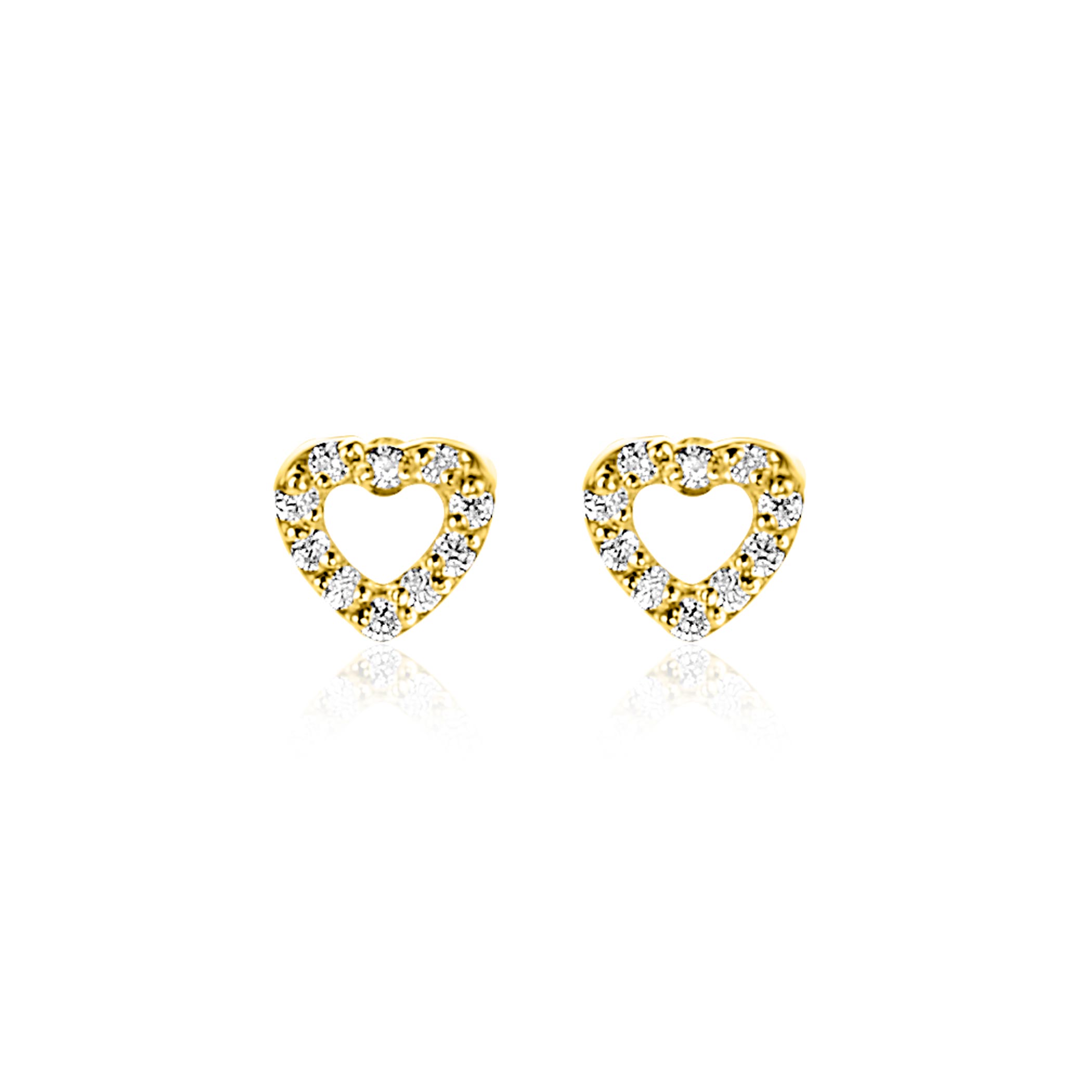 5mm ZINZI Gold 14 krt gouden oorknoppen open hartje bezet met witte zirkonia's ZGO551
