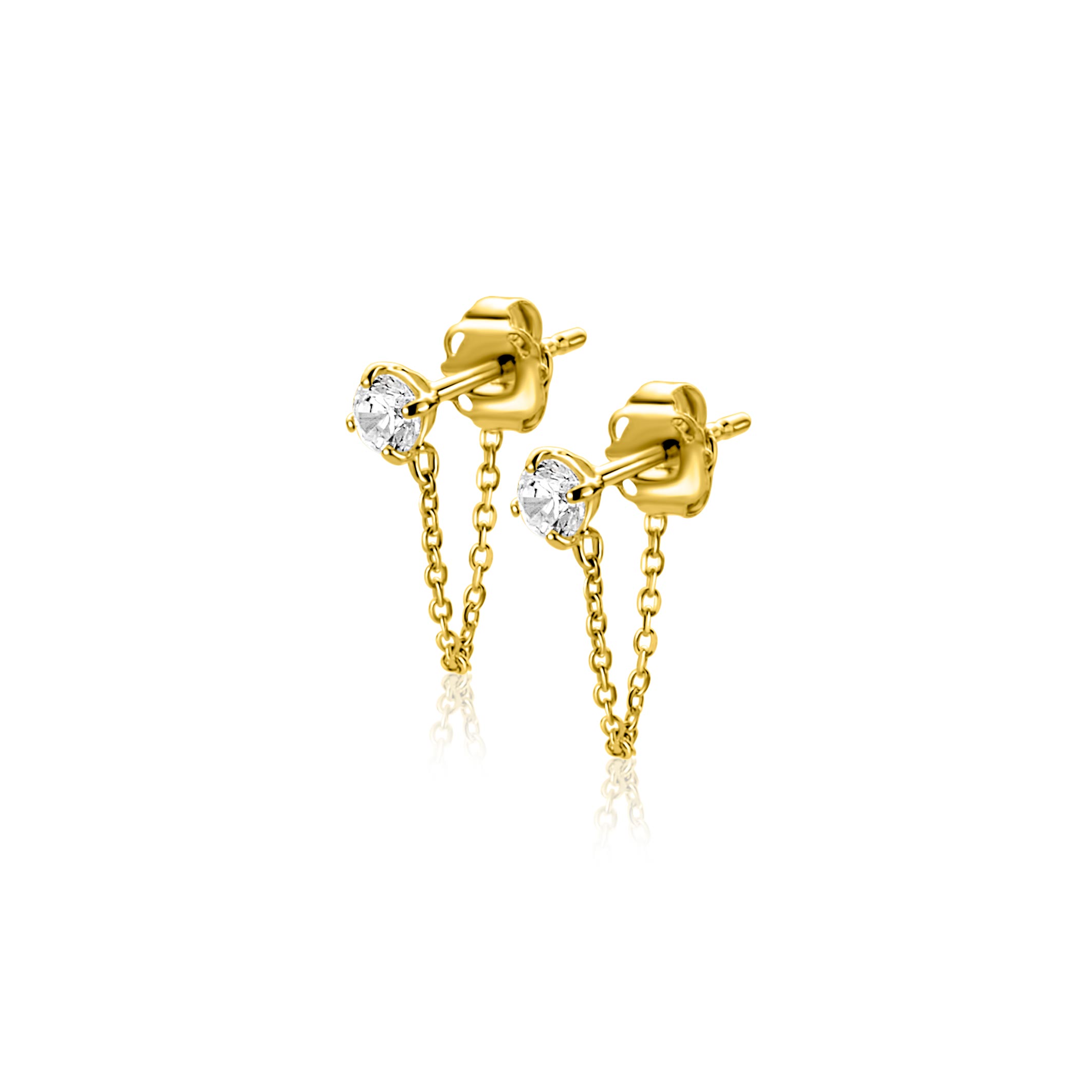 12mm ZINZI Gold 14 krt gouden oorstekers met ketting en ronde witte zirkonia ZGO552