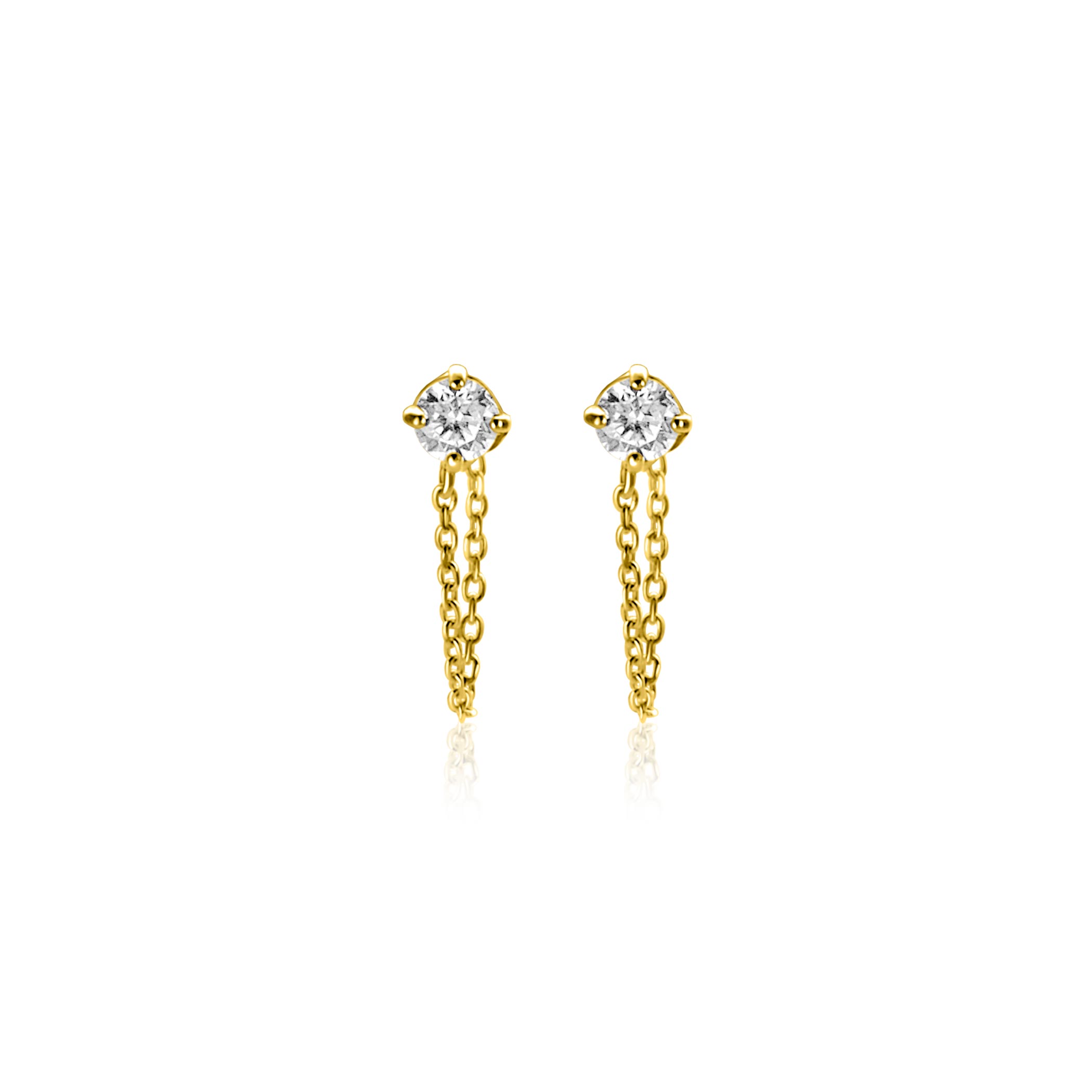 12mm ZINZI Gold 14 krt gouden oorstekers met ketting en ronde witte zirkonia ZGO552