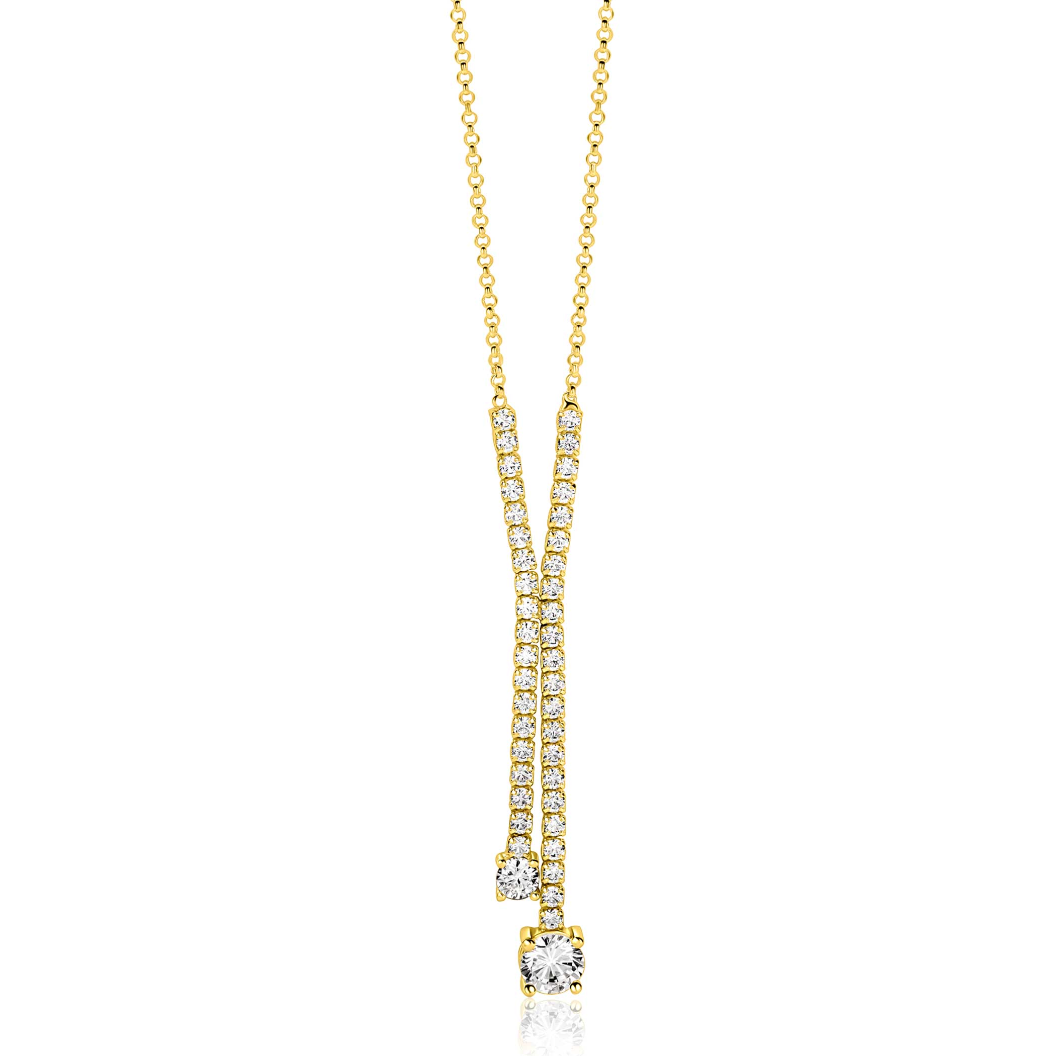 ZINZI gold plated zilveren Y-collier 45cm met luxe tennislook en witte zirkonia's in rijzetting met twee grotere witte zirkonia's ZIC2894Y