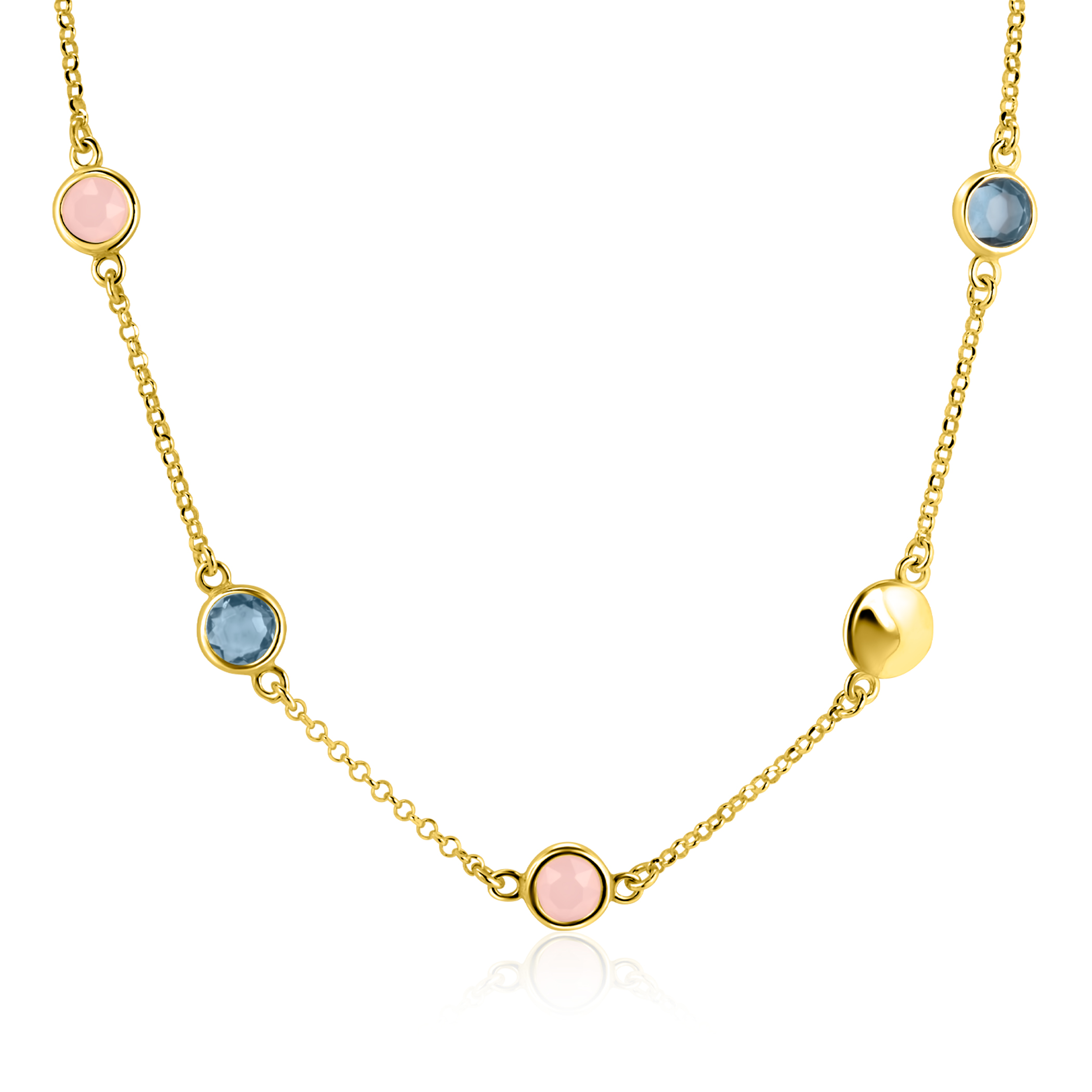 ZINZI gold plated zilveren ketting 40–45cm met rondjes, bezet met blauwe en roze kleurstenen ZIC2715G