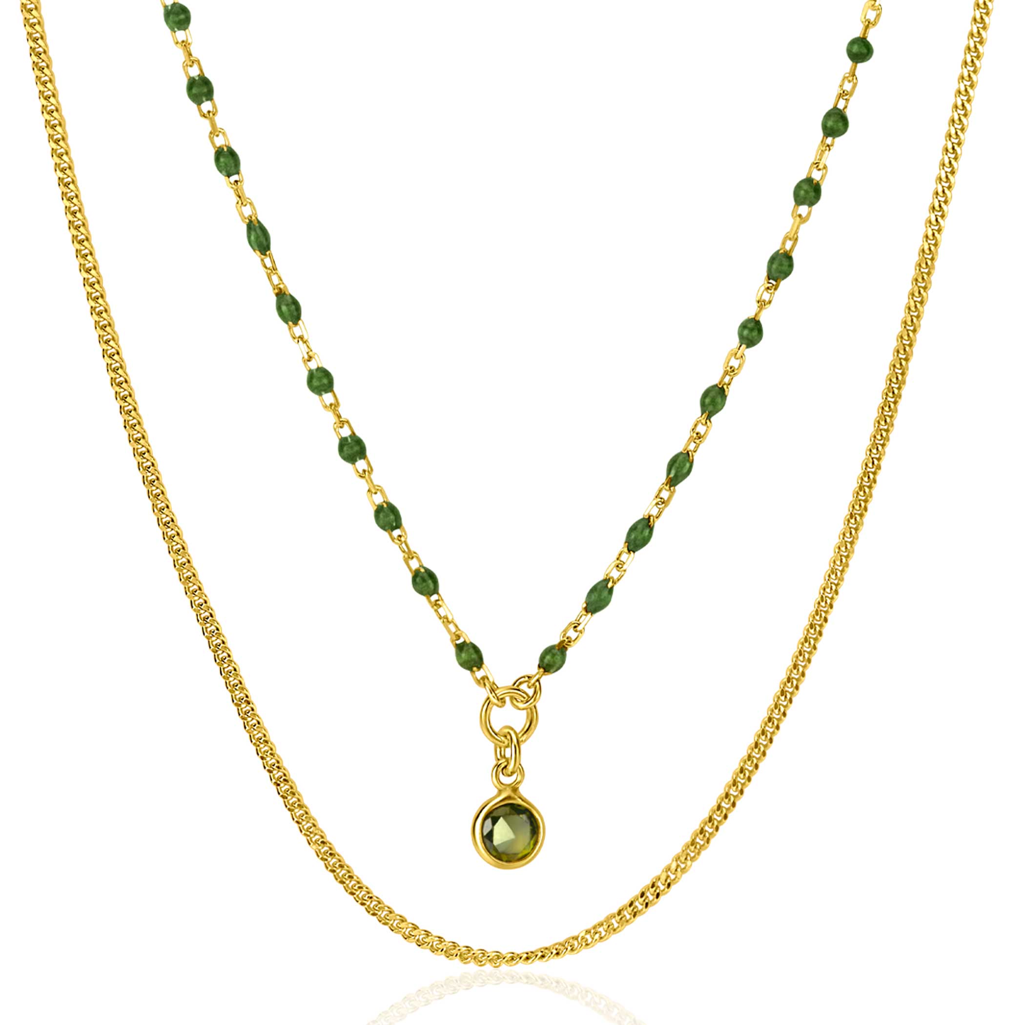 ZINZI gold plated zilveren multilook ketting met gourmet en groene bolletjes schakels, ronde zetting met olijfgroene kleursteen 42-45cm ZIC2528G