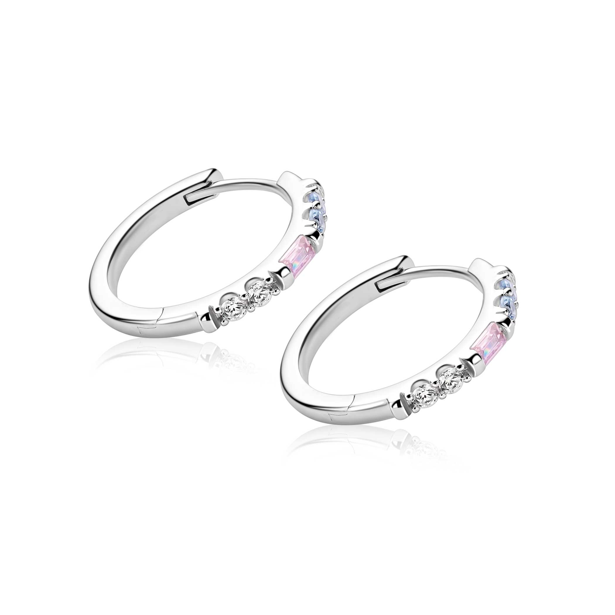 19mm ZINZI zilveren oorringen bezet met witte, roze en lichtblauwe kleurstenen, luxe klapsluiting ZIO2868