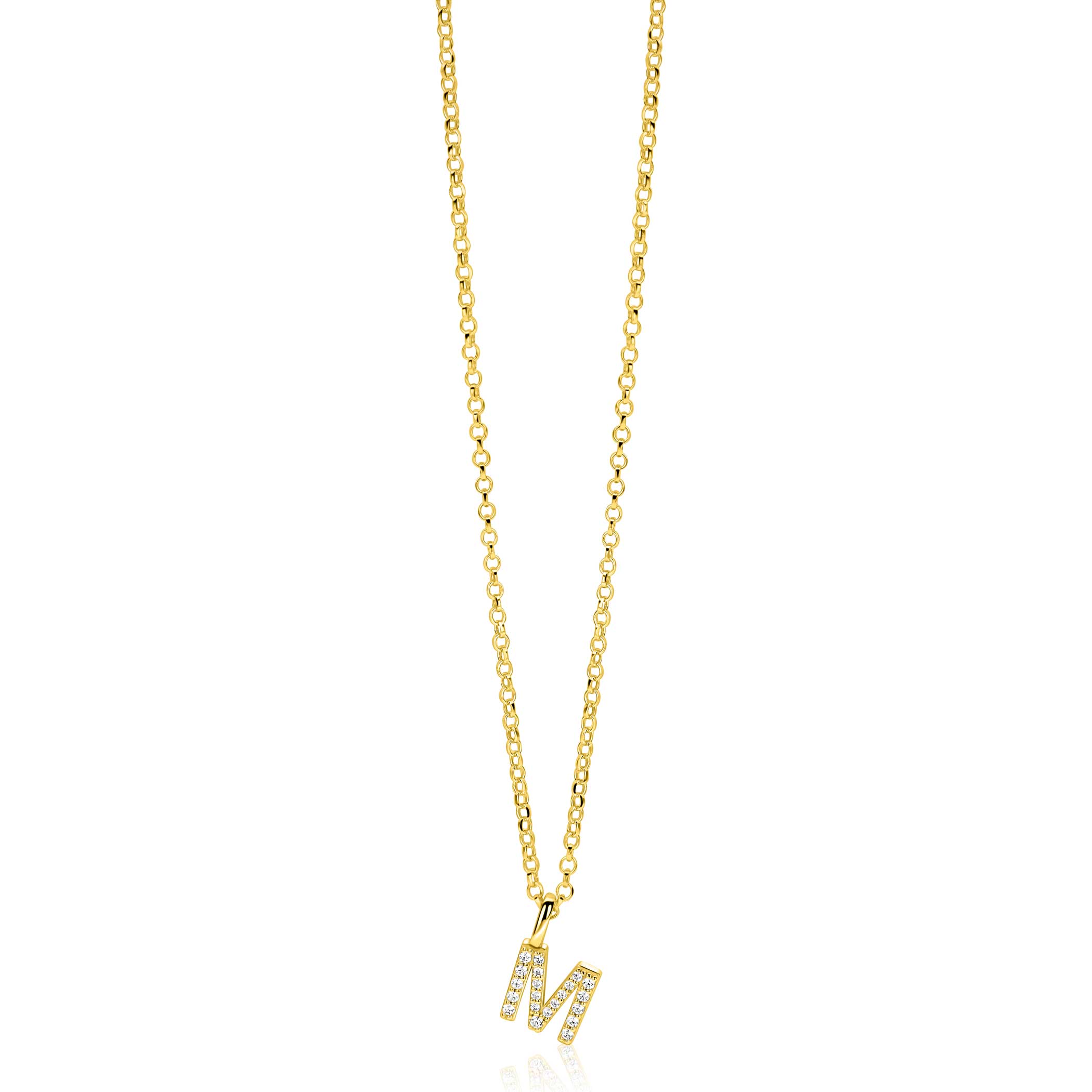 ZINZI gold plated zilveren letter hanger M bezet met witte zirkonia's ZIH2828-M (zonder ketting)