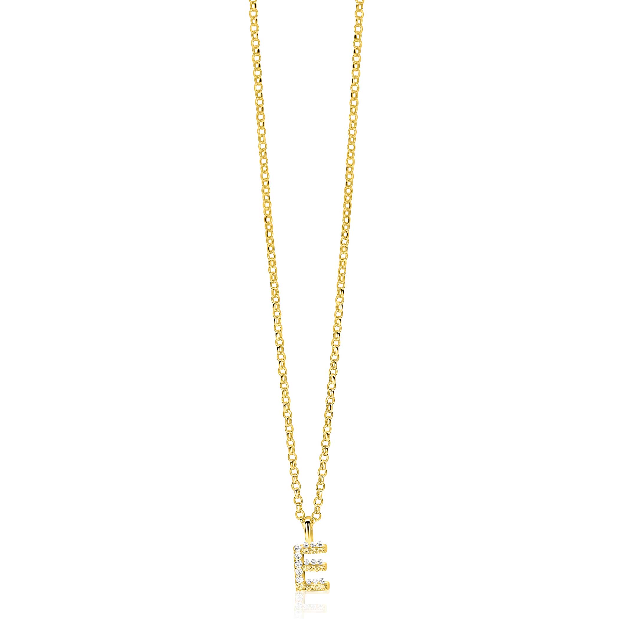 ZINZI gold plated zilveren letter hanger E bezet met witte zirkonia's ZIH2828-E (zonder ketting)