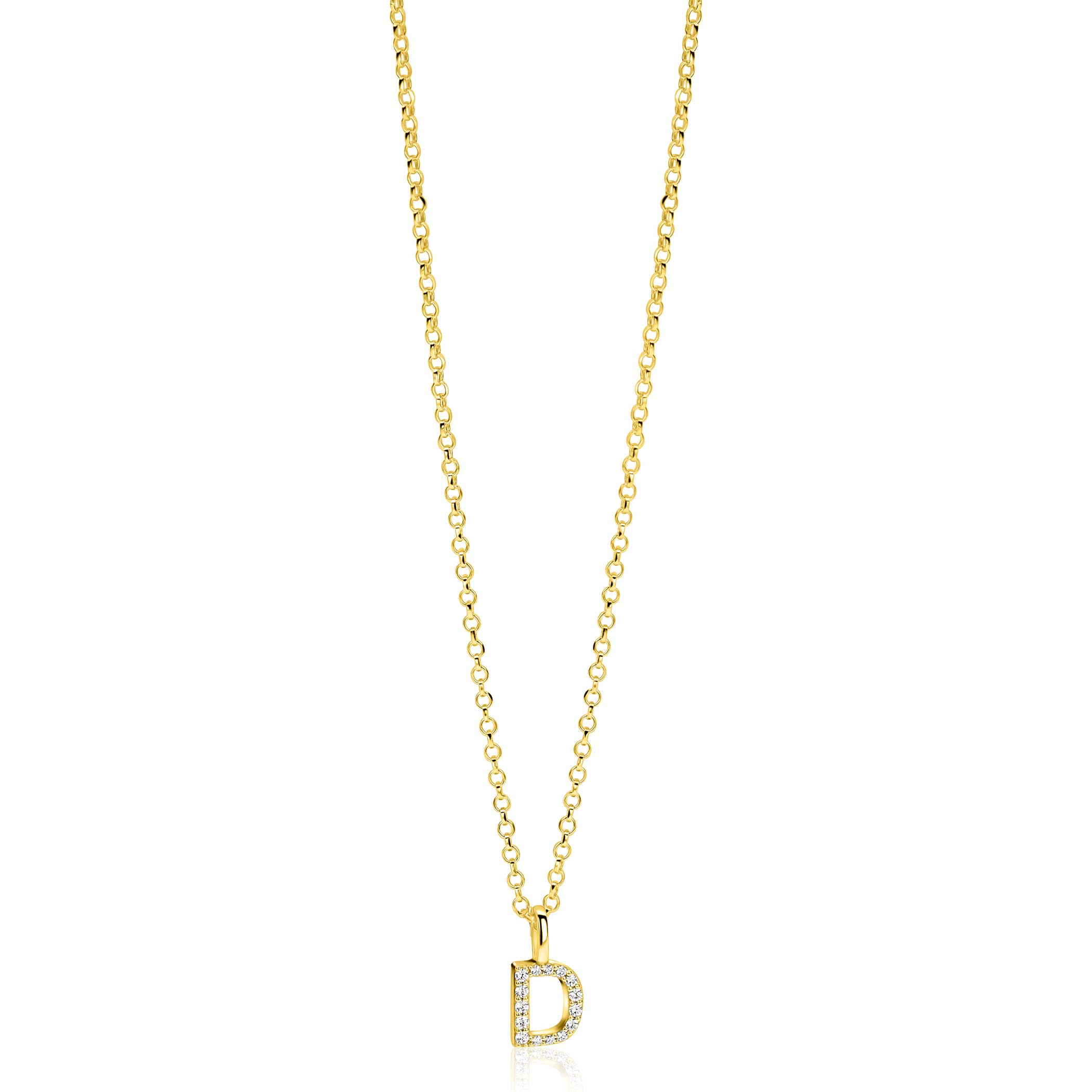 ZINZI gold plated zilveren letter hanger D bezet met witte zirkonia's ZIH2828-D (zonder ketting)