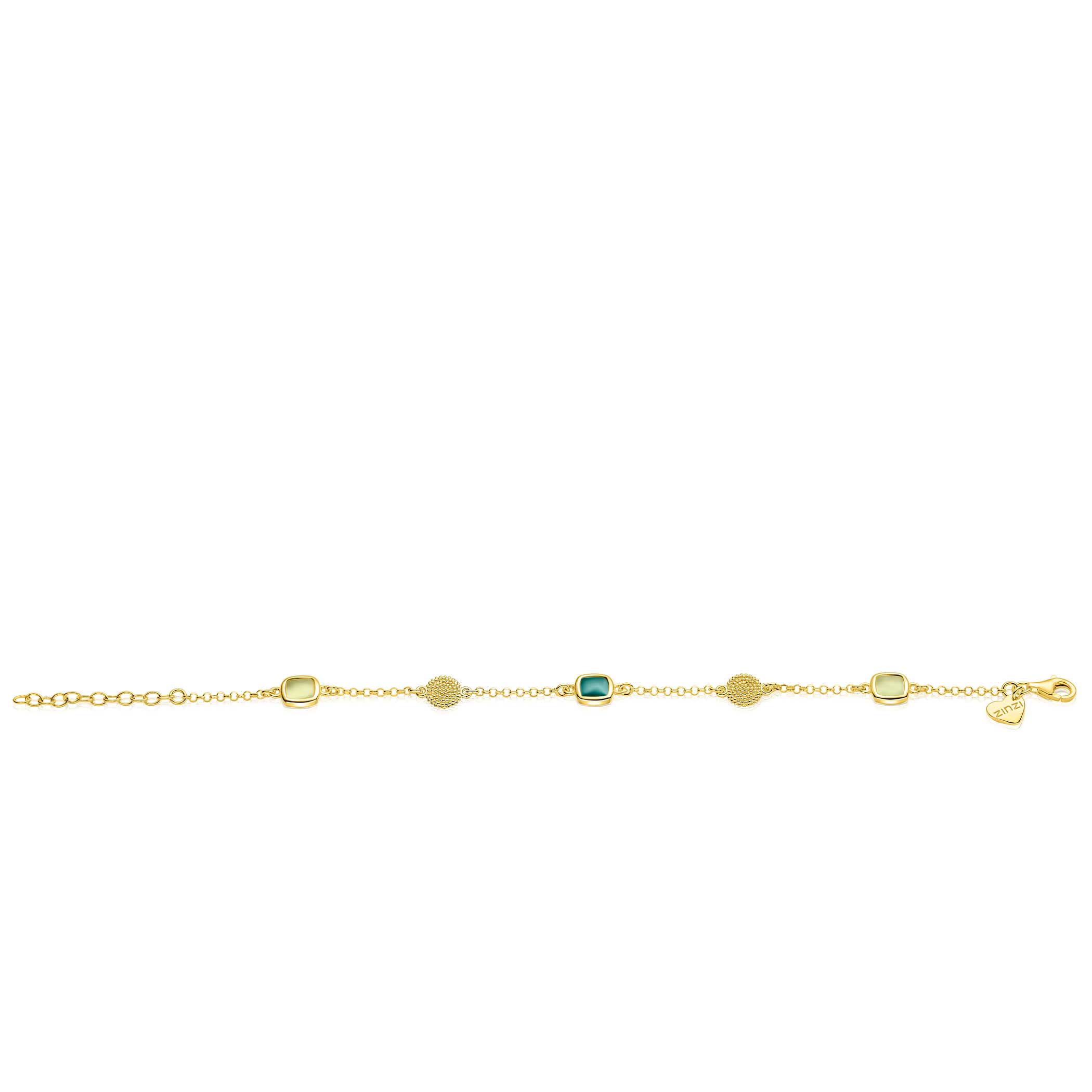 ZINZI gold plated zilveren armband met drie vierkante kleurstenen in zachte groentinten, afgewisseld met ronde structuurelementen ZIA2904