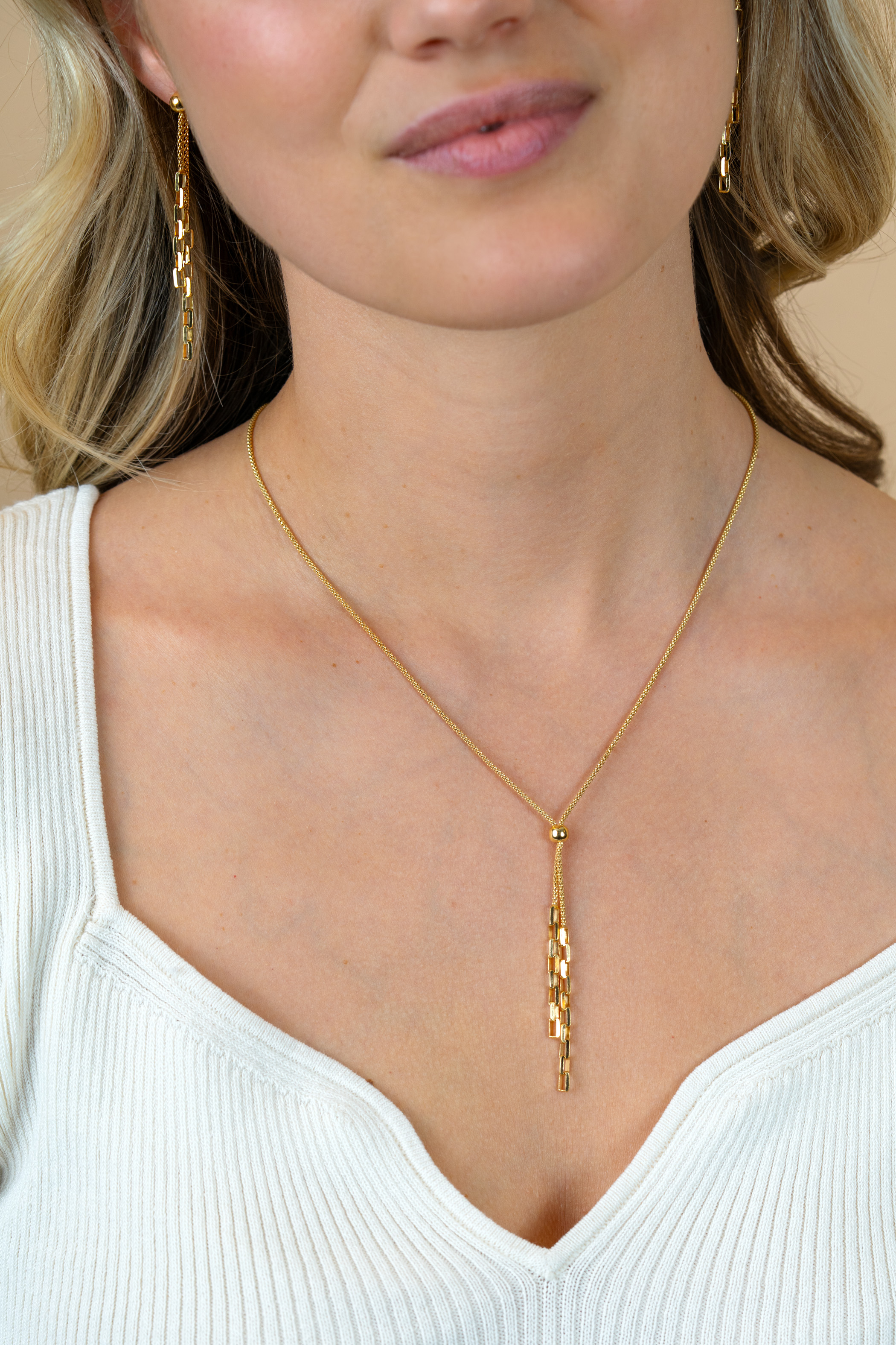 ZINZI gold plated zilveren Y-collier 43–46cm met popcorn schakel en twee bungelende kettinkjes ZIC2710G
