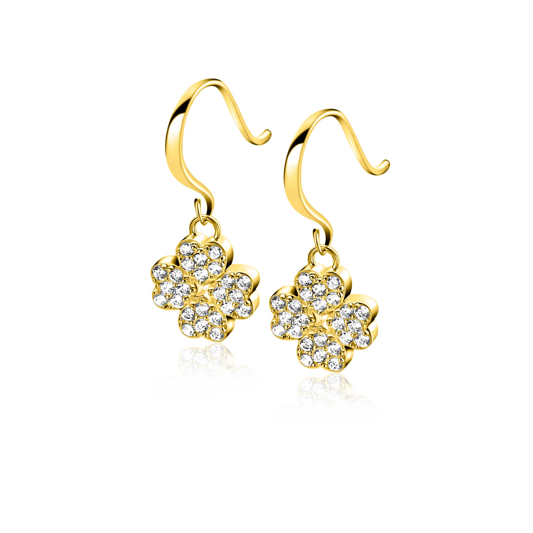17mm ZINZI gold plated zilveren oorhangers met klaver 4 bezet met witte zirkonia's ZIO-BF131