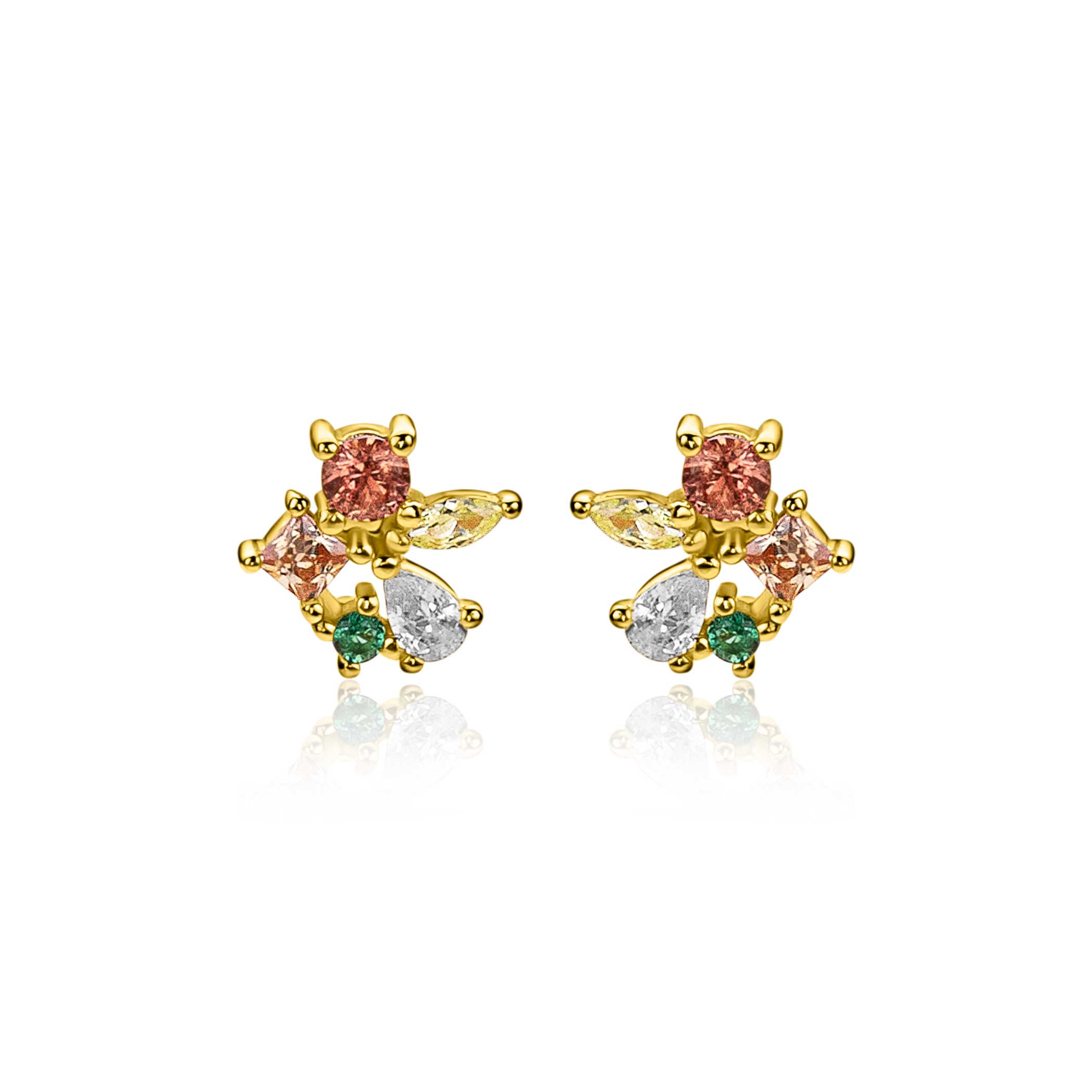 8mm ZINZI zilveren oorstekers bezet met een speelse combinatie van bruine, groene en witte kleurstenen in verschillende slijpvormen ZIO2867