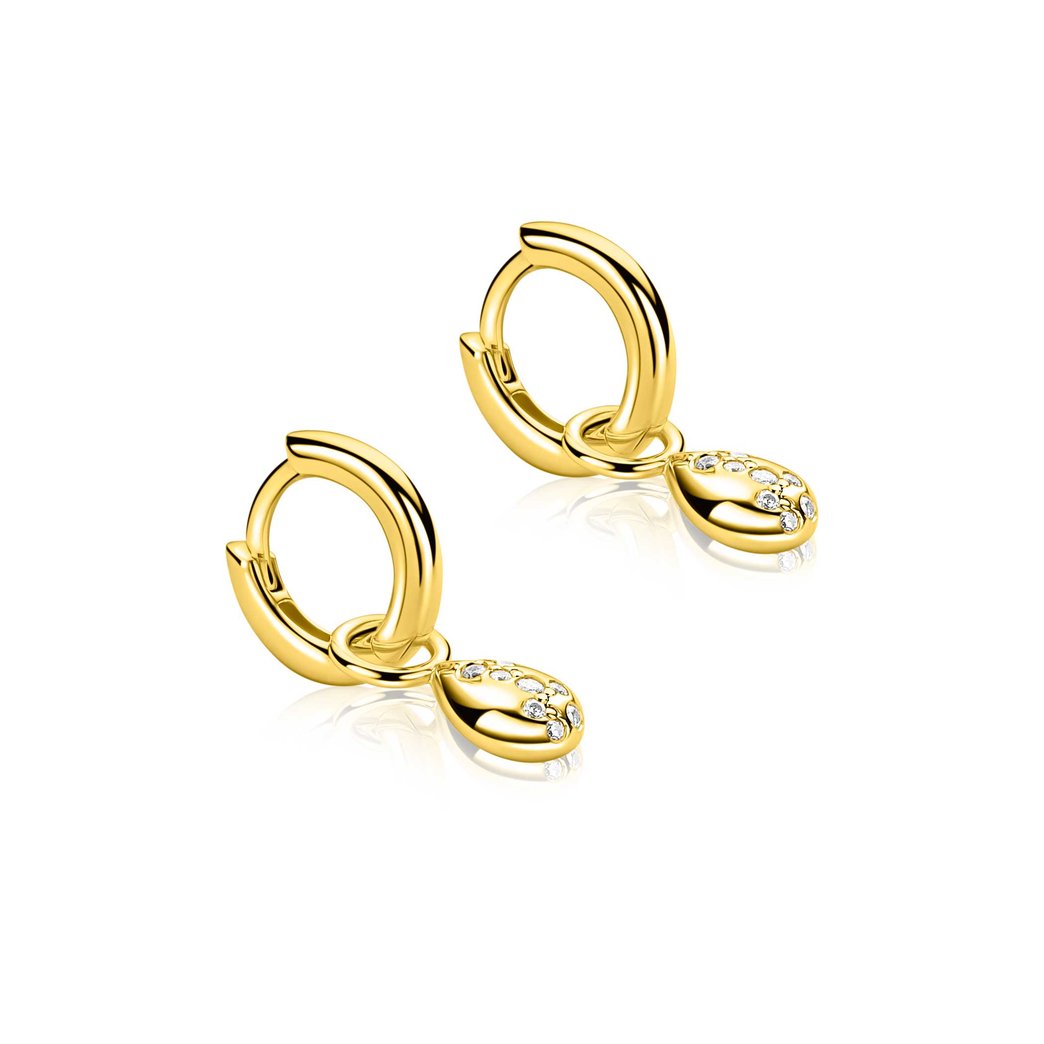 6mm ZINZI gold plated zilveren oorbedels in druppelvorm speels bezet met witte zirkonia's ZICH2871 (zonder oorringen)