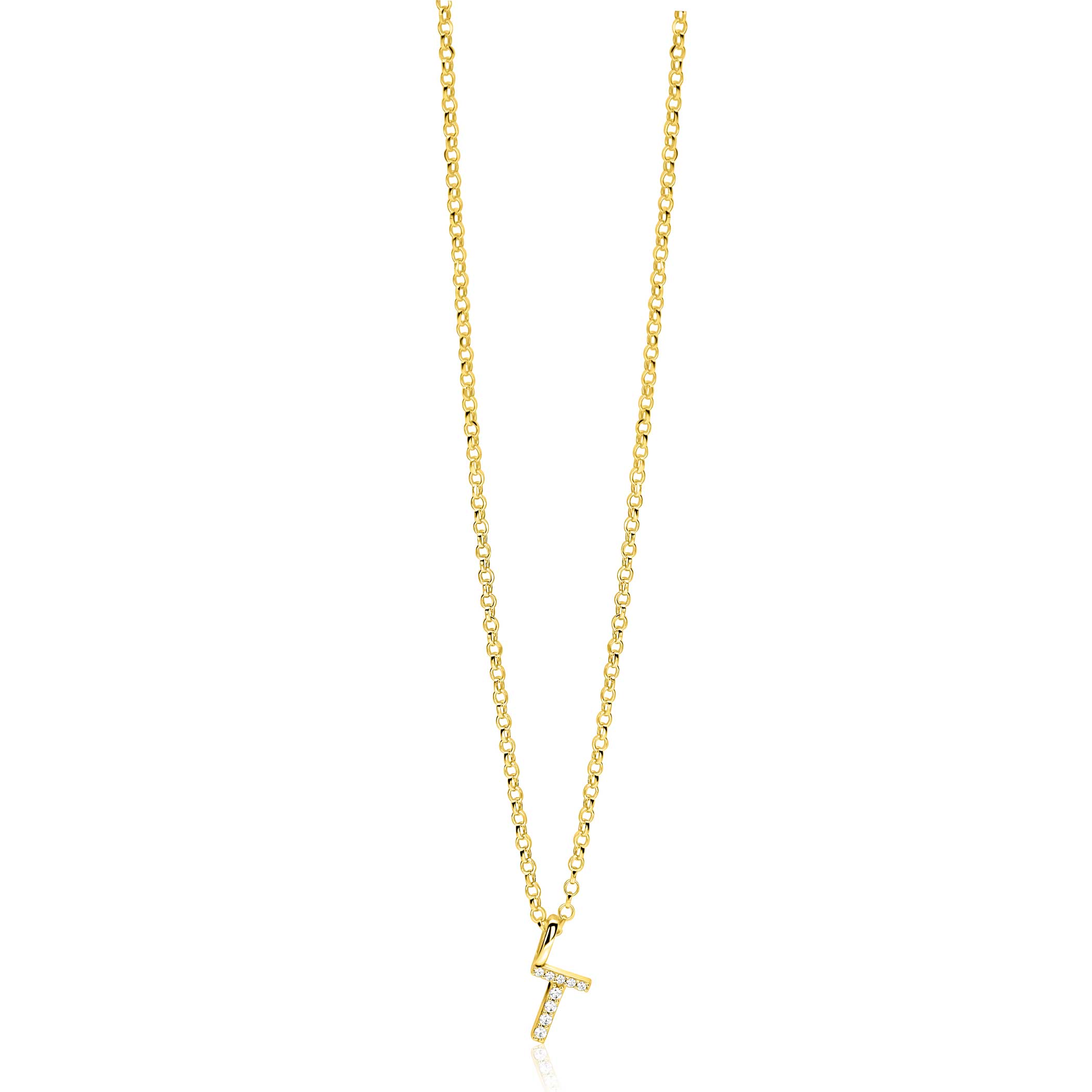 ZINZI gold plated zilveren letter hanger T bezet met witte zirkonia's ZIH2828-T (zonder ketting)