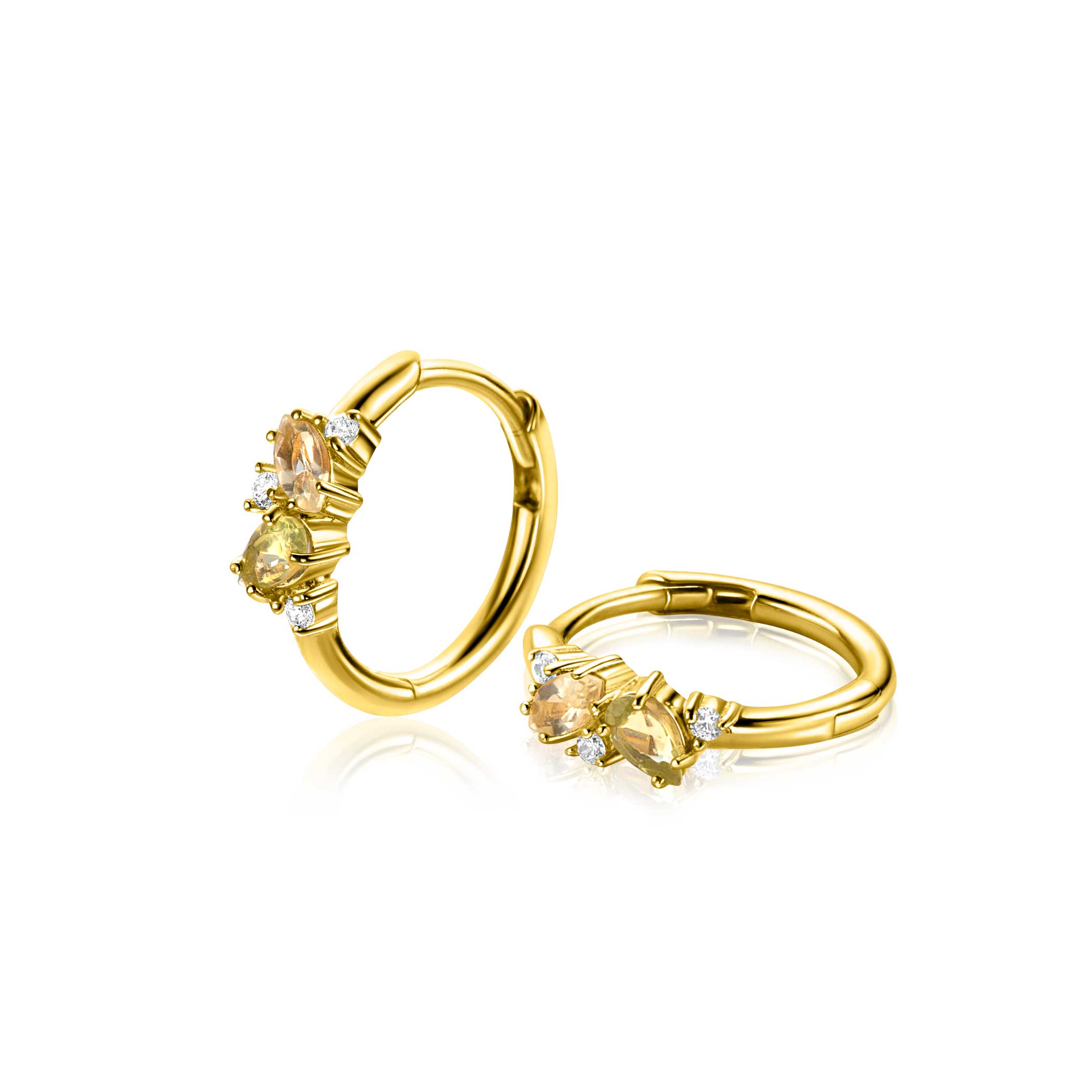 15mm ZINZI gold plated zilveren oorringen bezet met champagne, peridot en witte zirkonia's, met luxe klapsluiting ZIO-BF120