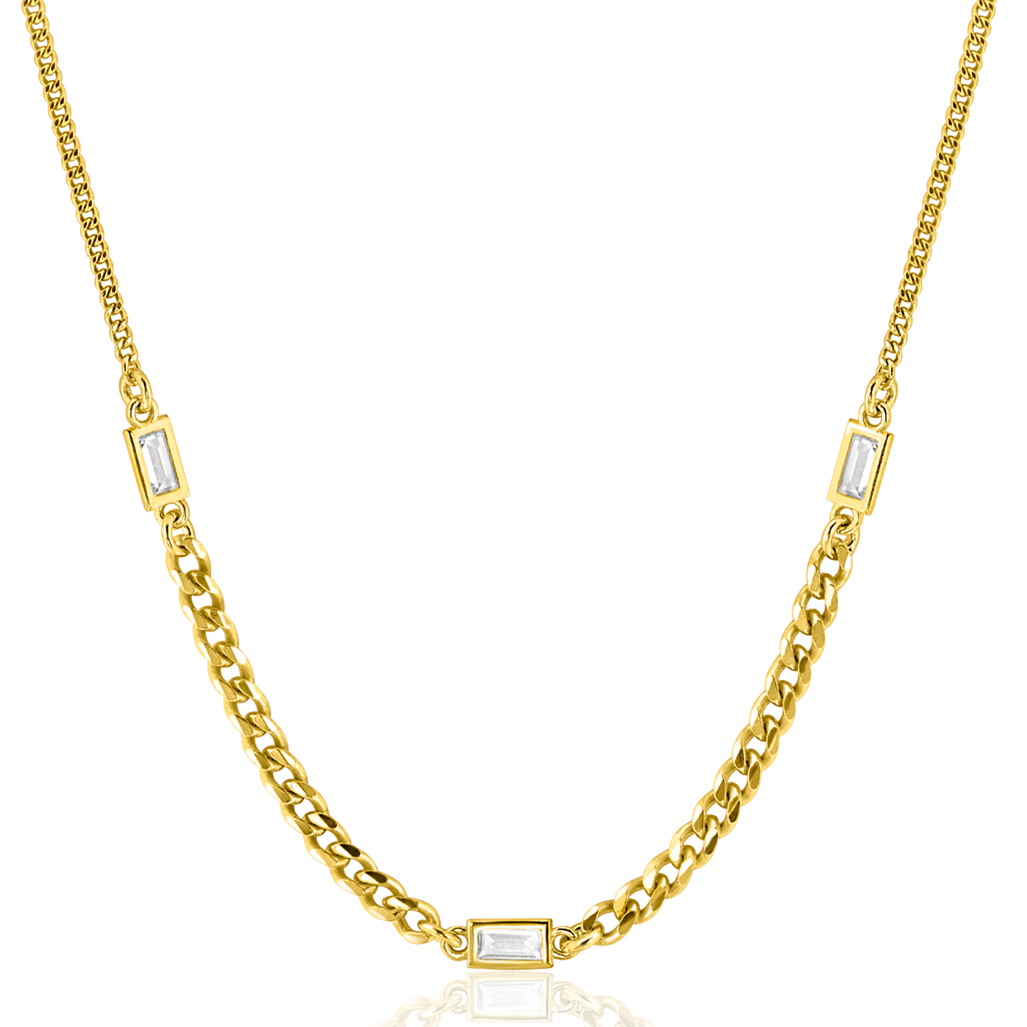 ZINZI gold plated zilveren ketting met gourmet schakels in verschillende breedtes, gecombineerd met drie rechthoekige baguette geslepen zirconia's 42-45cm ZIC2410