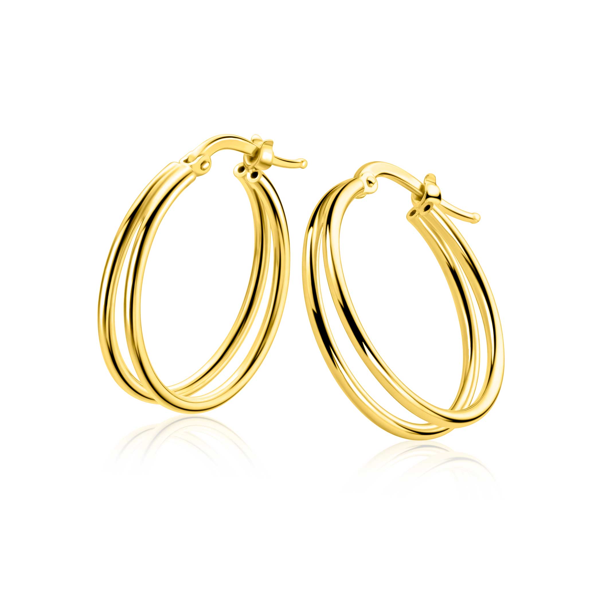 24mm ZINZI gold plated zilveren multi-look oorringen met dubbele buis. Met gemakkelijke bovensluiting ZIO2858G