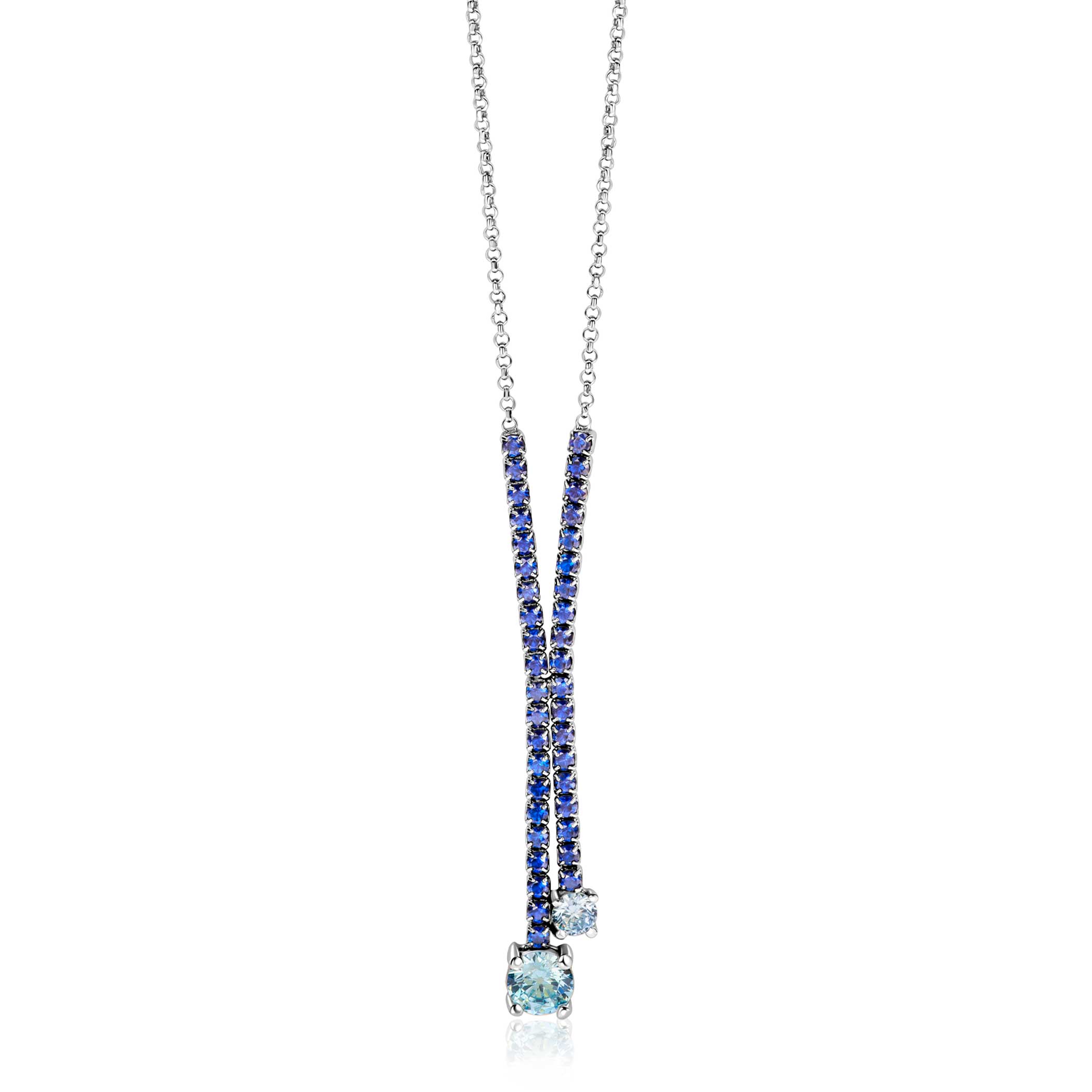ZINZI zilveren Y-collier 45cm met luxe tennislook en saffierblauwe zirkonia's in rijzetting met twee grotere lichtblauwe zirkonia's ZIC2894B