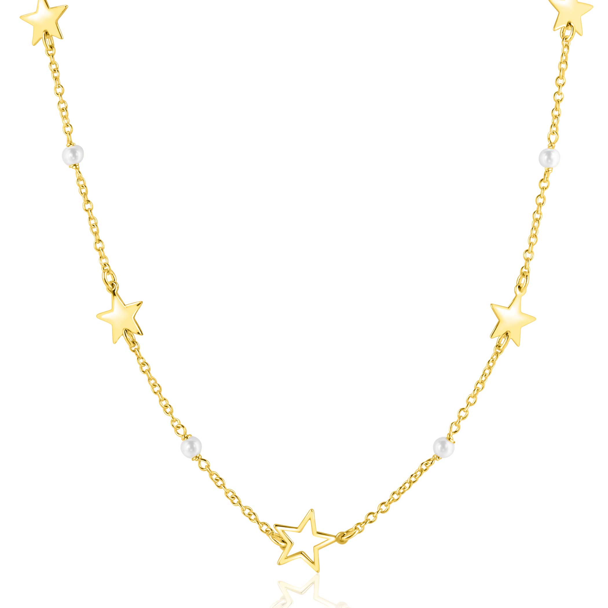 ZINZI goldplated zilveren ketting 45cm met glanzende sterren en witte pareltjes ZIC2780