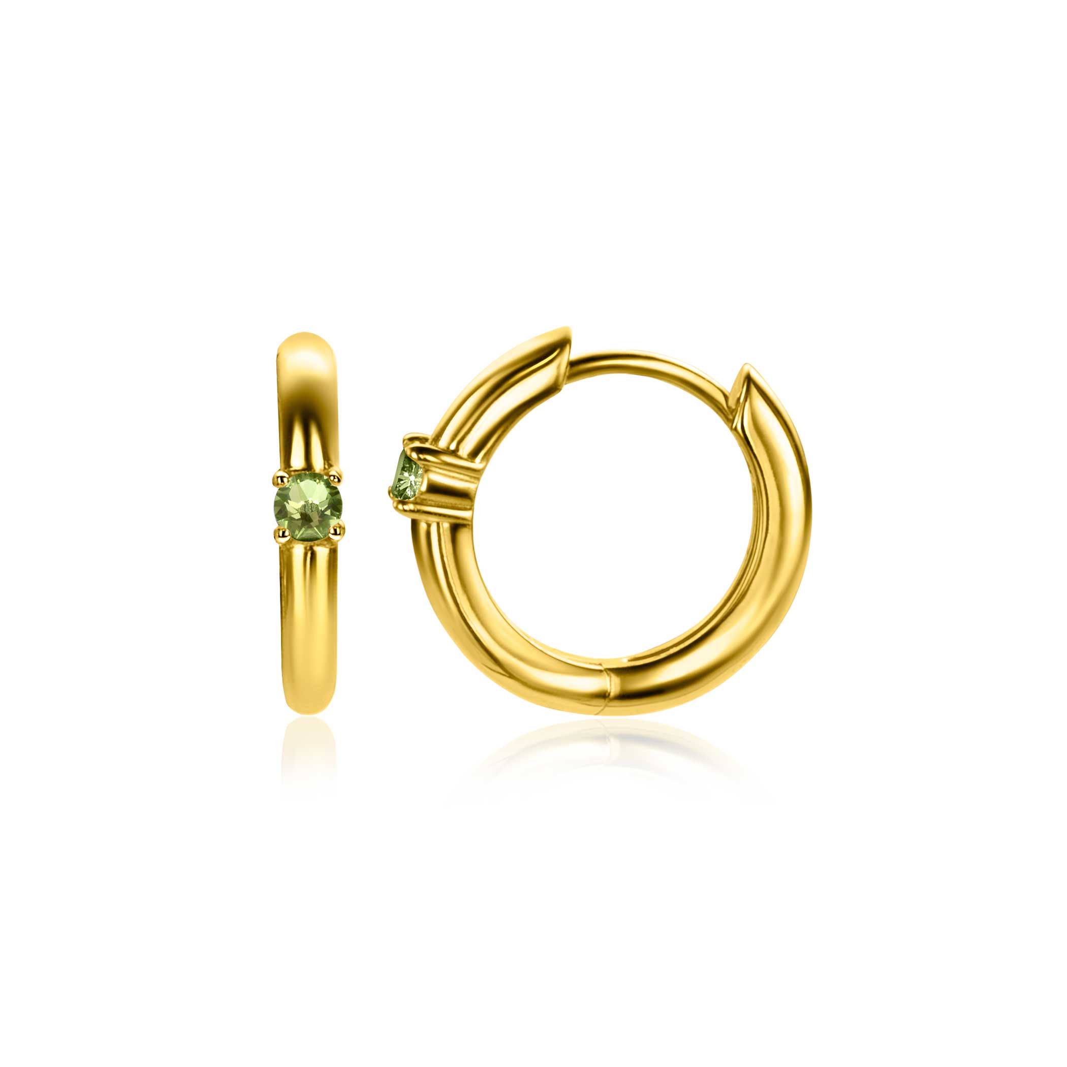 AUGUSTUS oorringen 13mm gold plated met geboortesteen groen peridoot zirconia 
