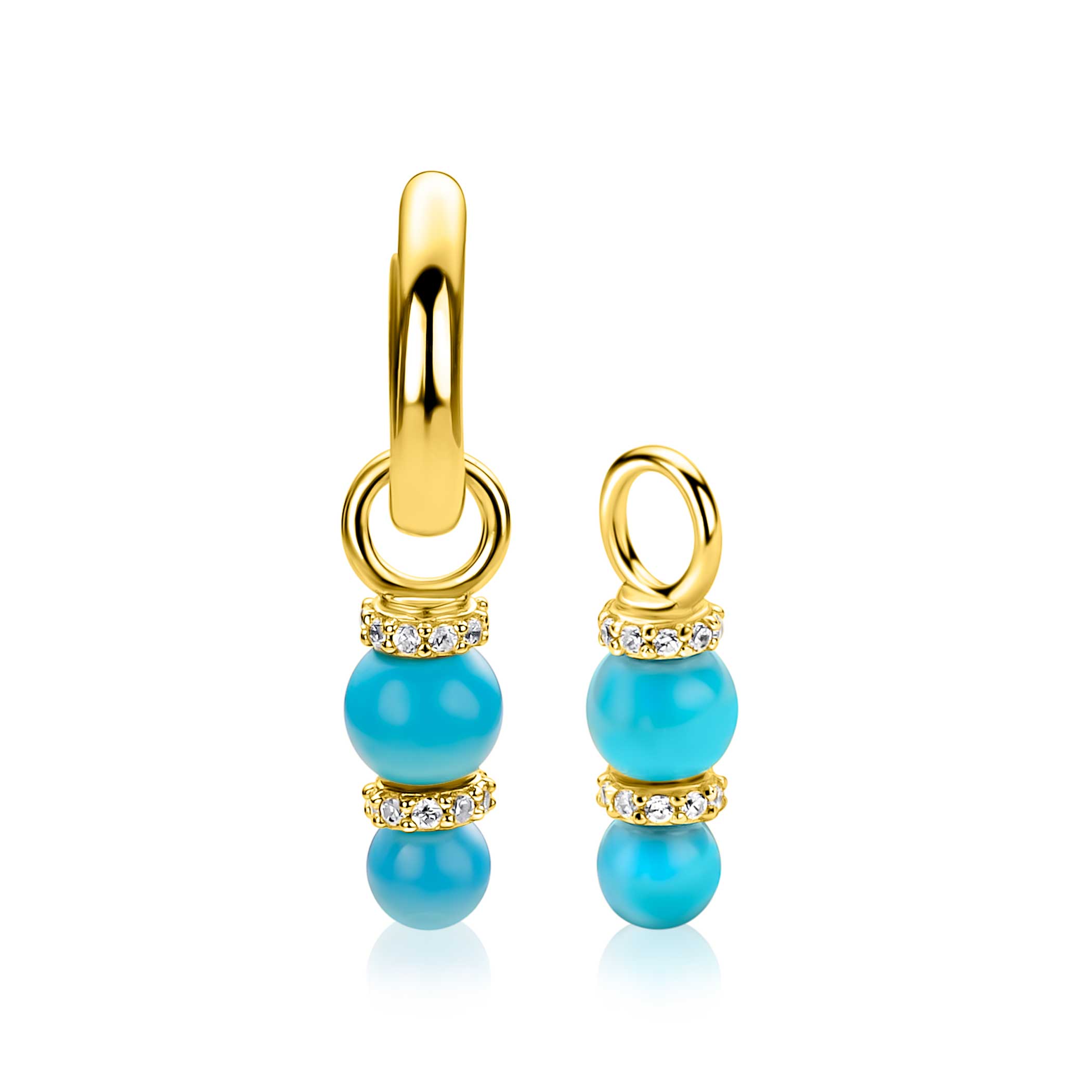 16mm ZINZI gold plated zilveren oorbedels met twee turquoise parels onder elkaar waarbij de top is bezet met witte zirconia's ZICH2864T (zonder oorringen)