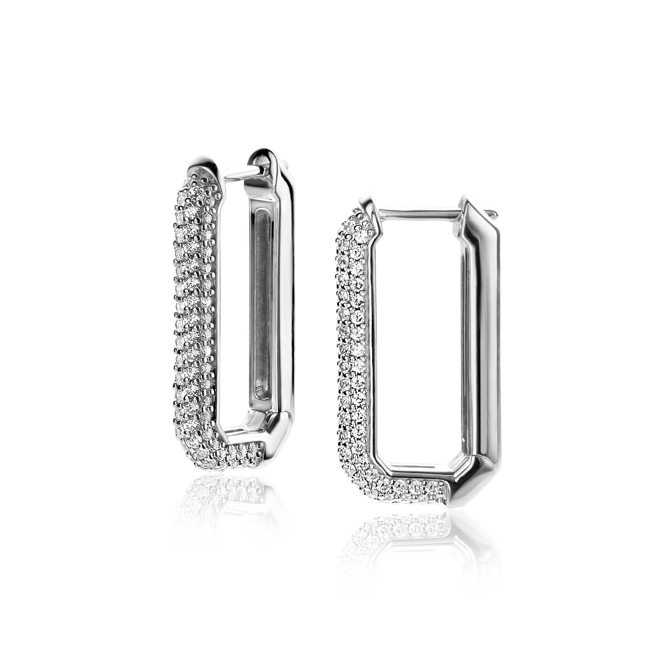 23mm ZINZI zilveren luxe oorringen 23x3mm achthoekig bezet met witte zirconia's en klapsluiting ZIO2494Z