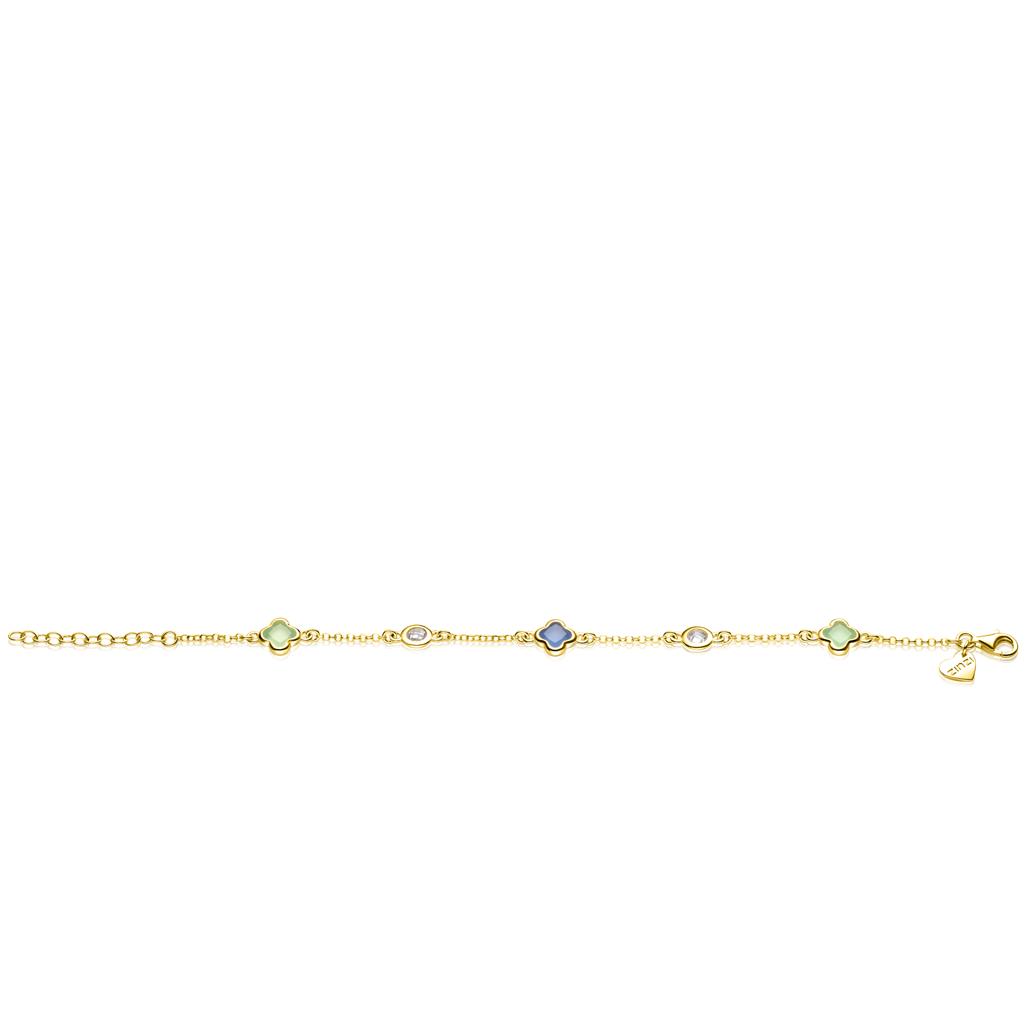 ZINZI gold plated zilveren schakel armband met twee mintgroene klavers en een blauwe klaver 17-20cm ZIA2763