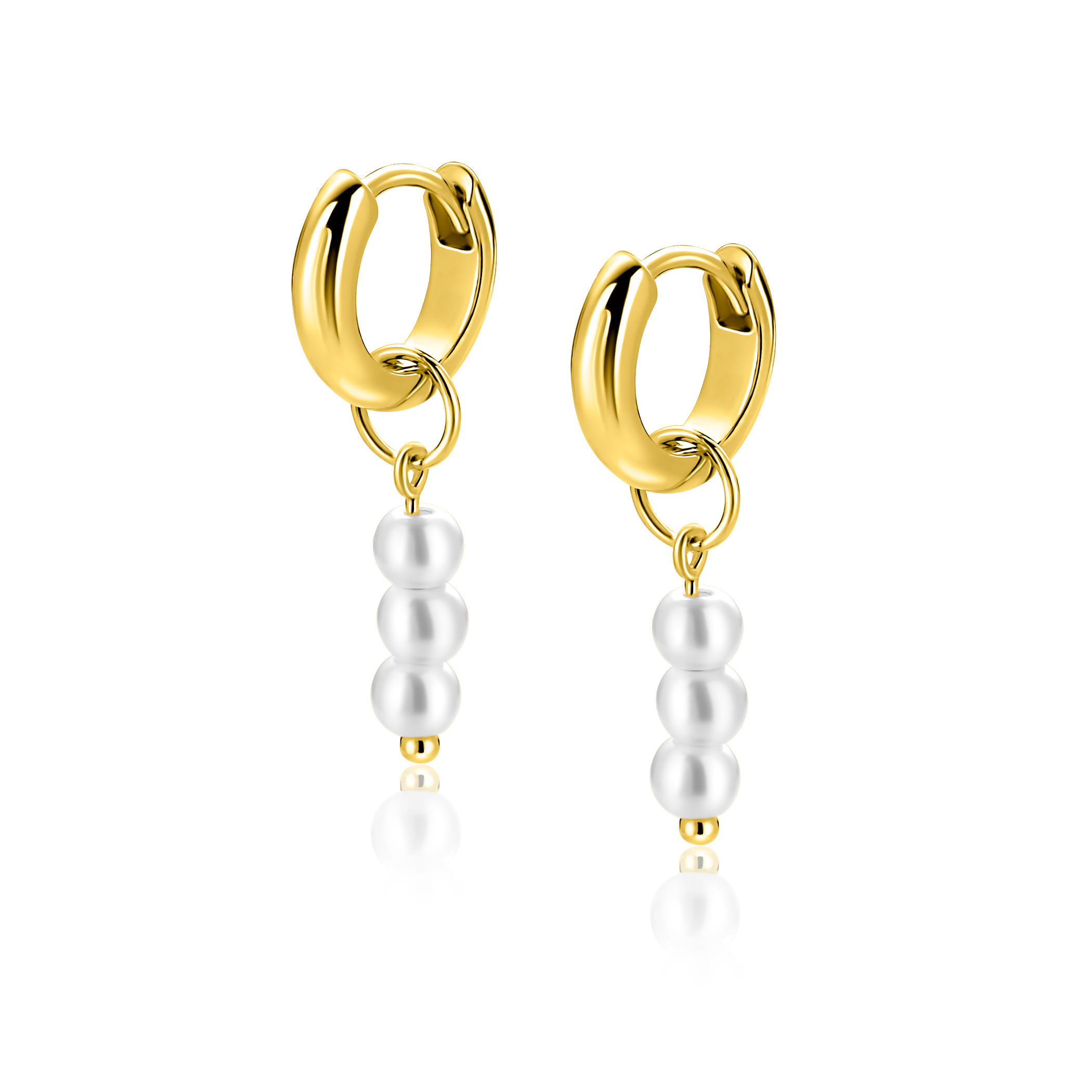 12mm ZINZI gold plated zilveren oorbedels met 3 witte pareltjes ZICH2734Y (zonder oorringen)