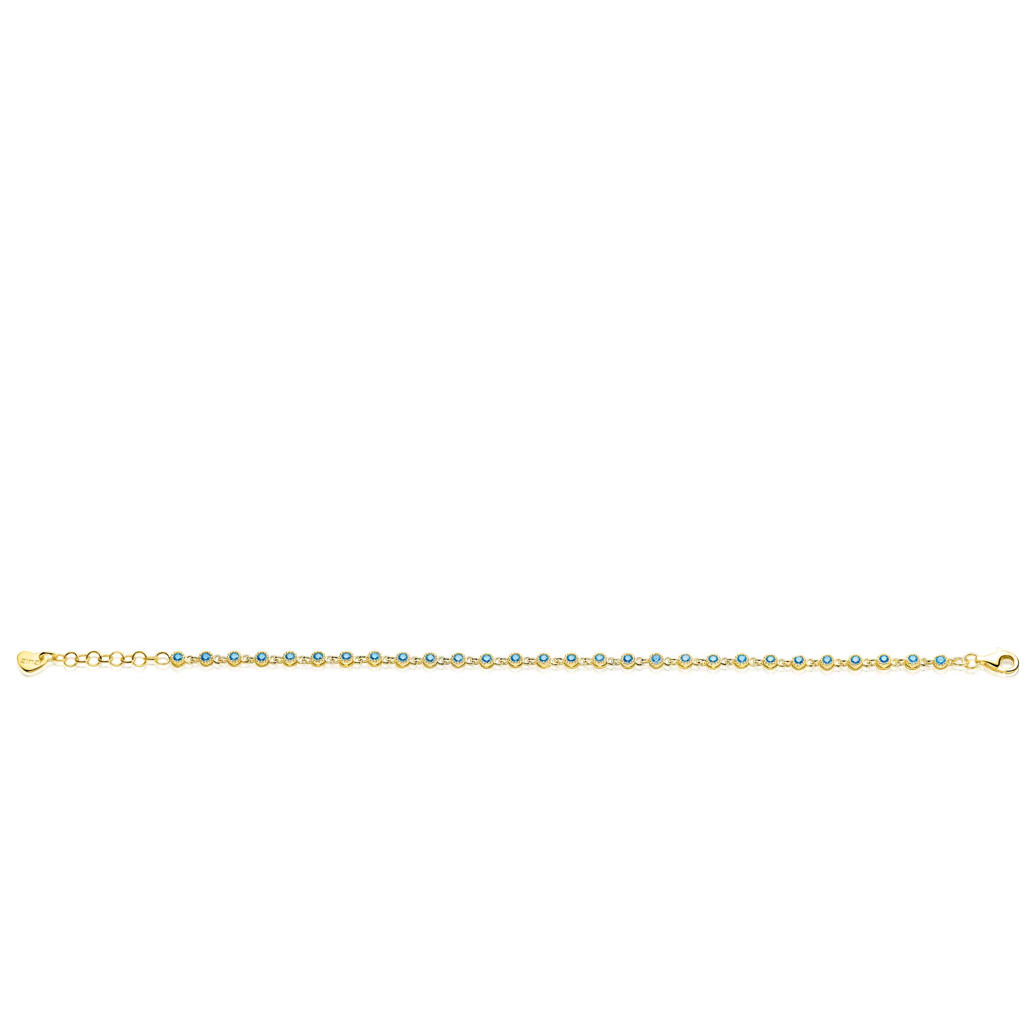 ZINZI gold plated zilveren armband met een speelse rij blauwe zirkonia’s in ronde zetting 3mm breed ZIA2893BG