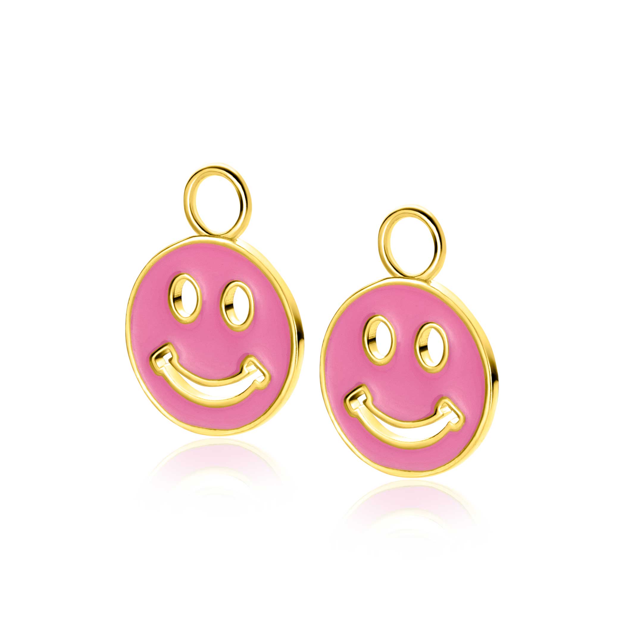 15mm ZINZI gold plated zilveren ronde smiley oorbedels, bezet met trendy roze emaille ZICH2312R (zonder oorringen)