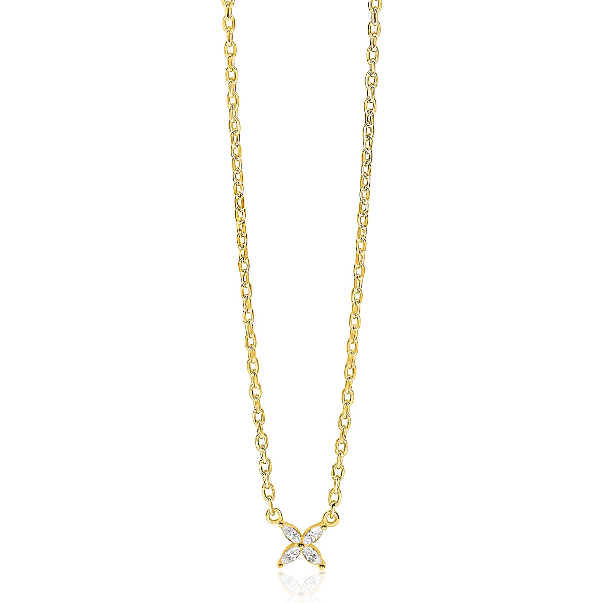 ZINZI gold plated zilveren ketting met bloem bezet met vier druppelvormige witte zirconia's 42-45cm ZIC2624