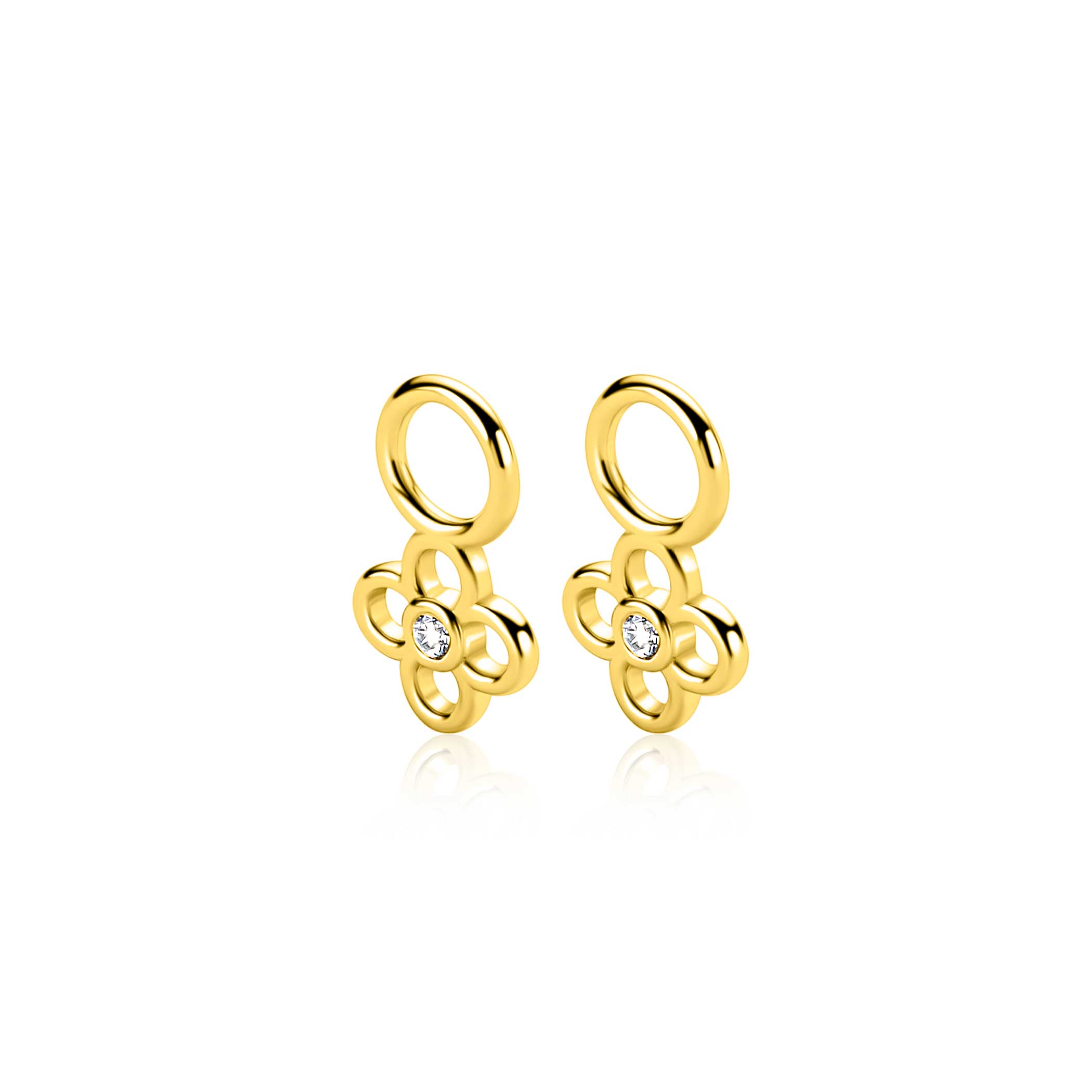 7mm ZINZI gold plated zilveren oorbedel in open klaver vier vorm, bezet met een witte zirkonia in het midden ZICH2885Y (zonder oorringen)