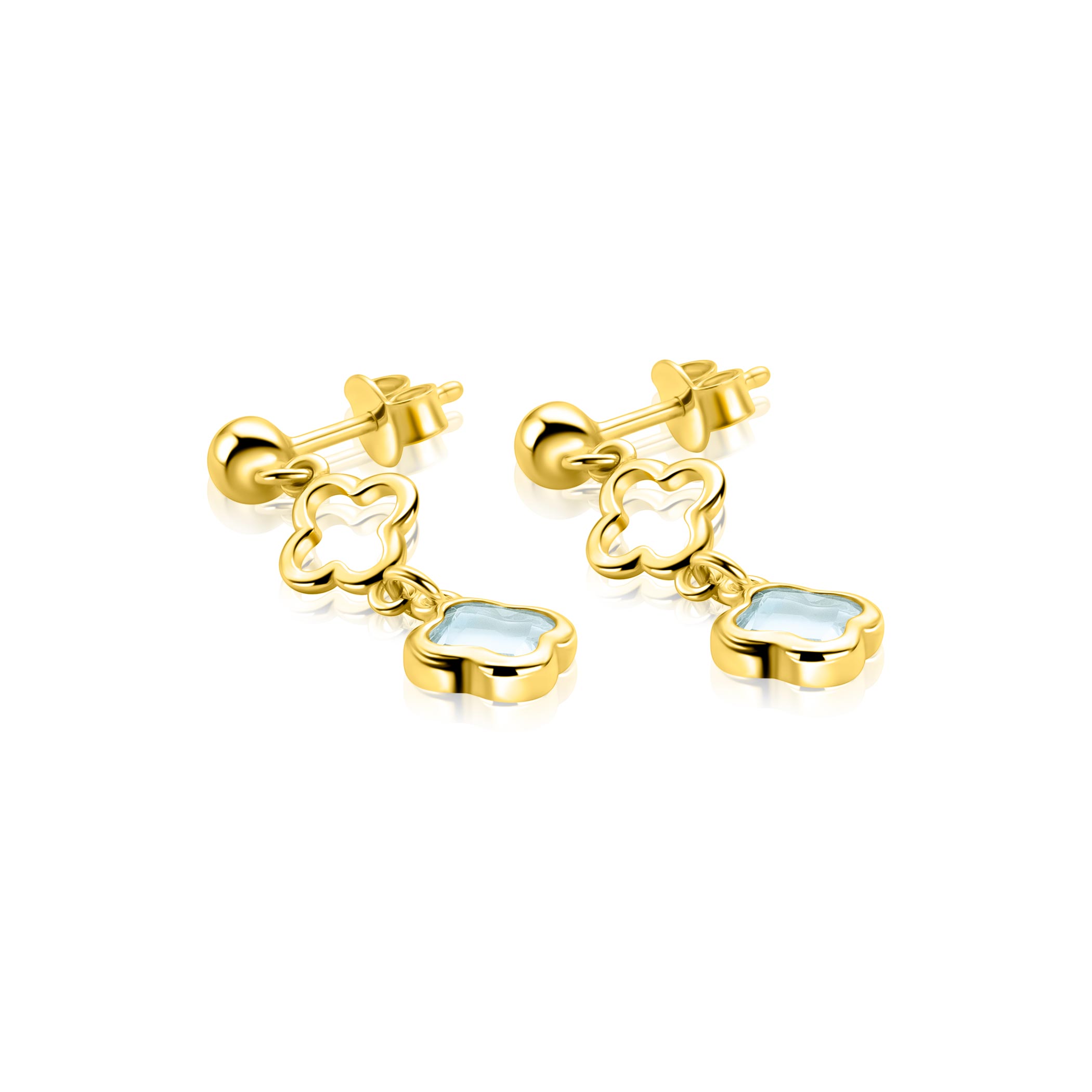 27mm ZINZI goldplated zilveren oorstekers met licht blauwe klavers en open klavers 8mm ZIO2906