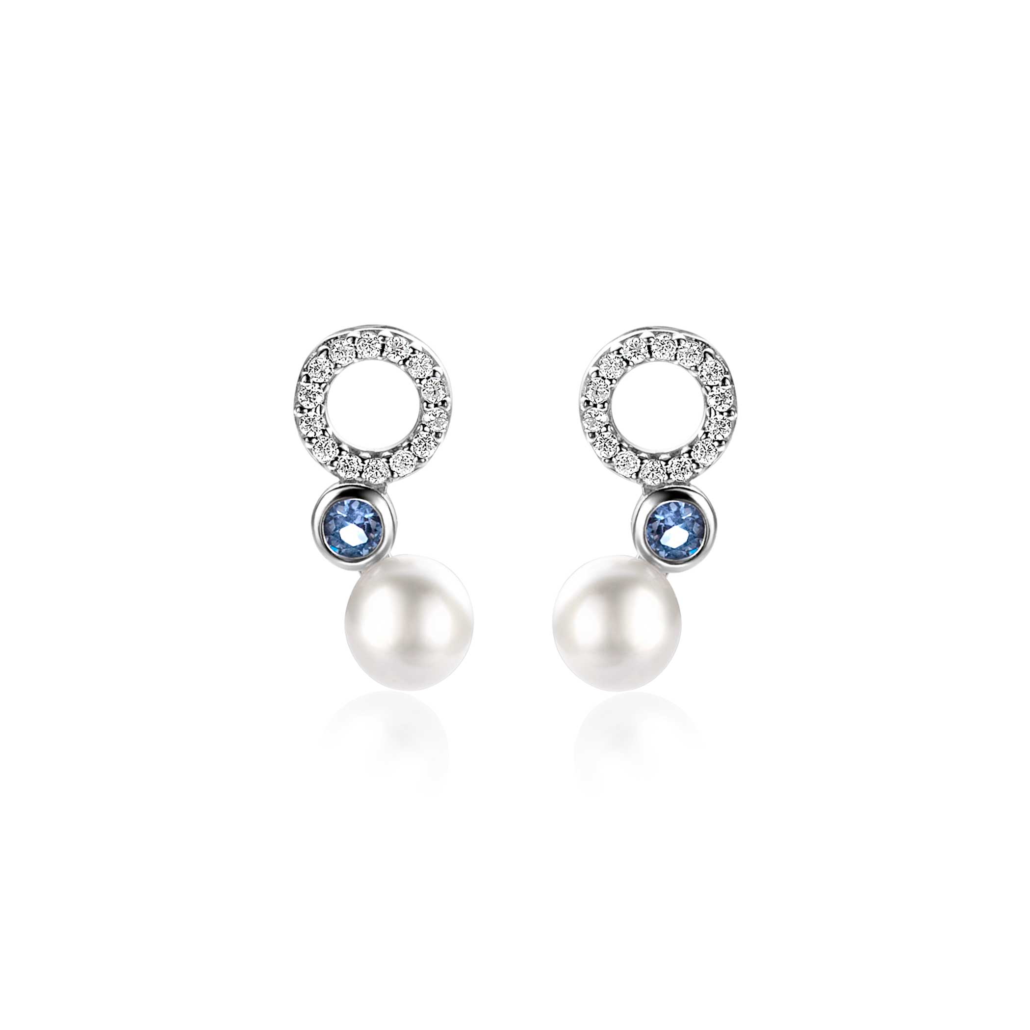 15mm ZINZI zilveren oorstekers met witte parel, ronde lichtblauwe kleursteen en open rondje bezet met witte zirconia's ZIO2442