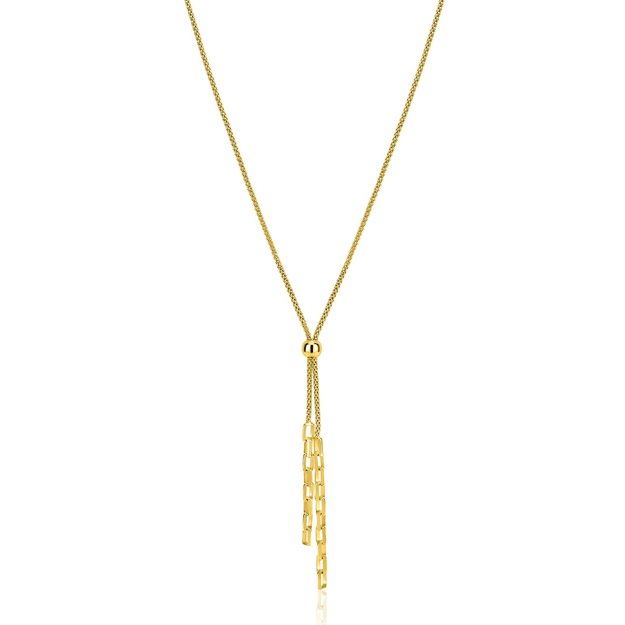 ZINZI gold plated zilveren Y-collier 43–46cm met popcorn schakel en twee bungelende kettinkjes ZIC2710G