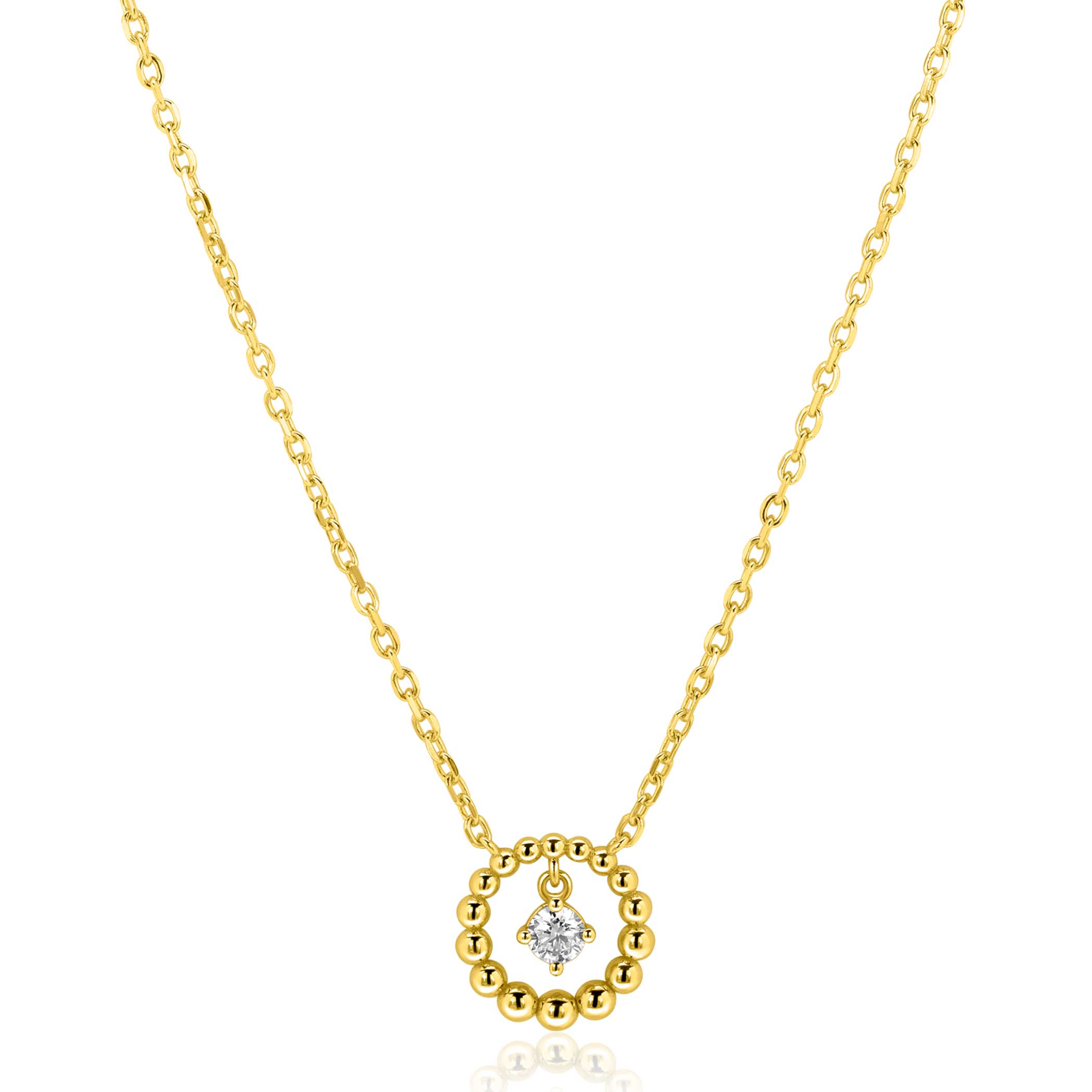 ZINZI goldplated zilveren ketting 45cm met ronde bolletjeshanger en bungelende witte zirkonia ZIC2816