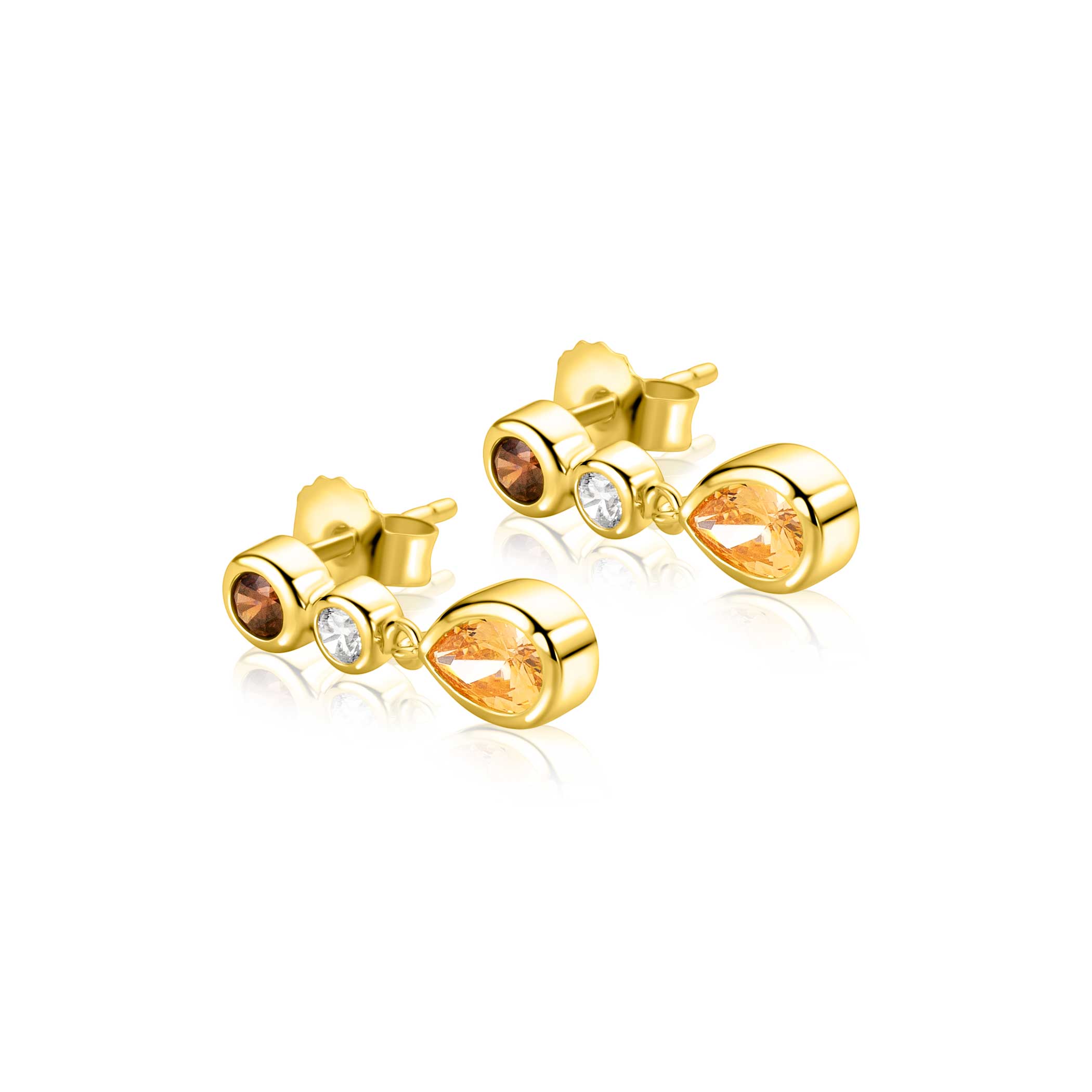 18mm ZINZI gold plated zilveren oorstekers met champagnekleurige, cognackleurige en witte zirkonia's in verschillende slijpvormen ZIO2900
