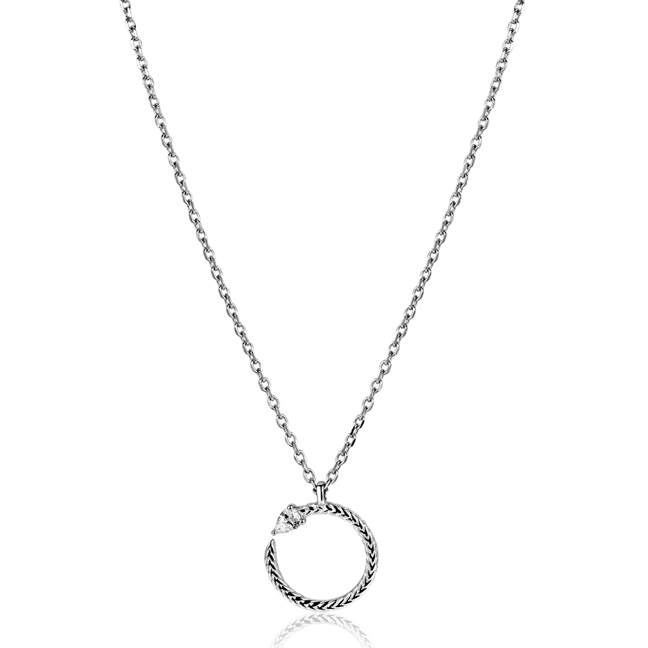 ZINZI zilveren ketting 42–45cm met ronde slang-hanger (15mm), bezet met peervormige witte zirkonia ZIC2722