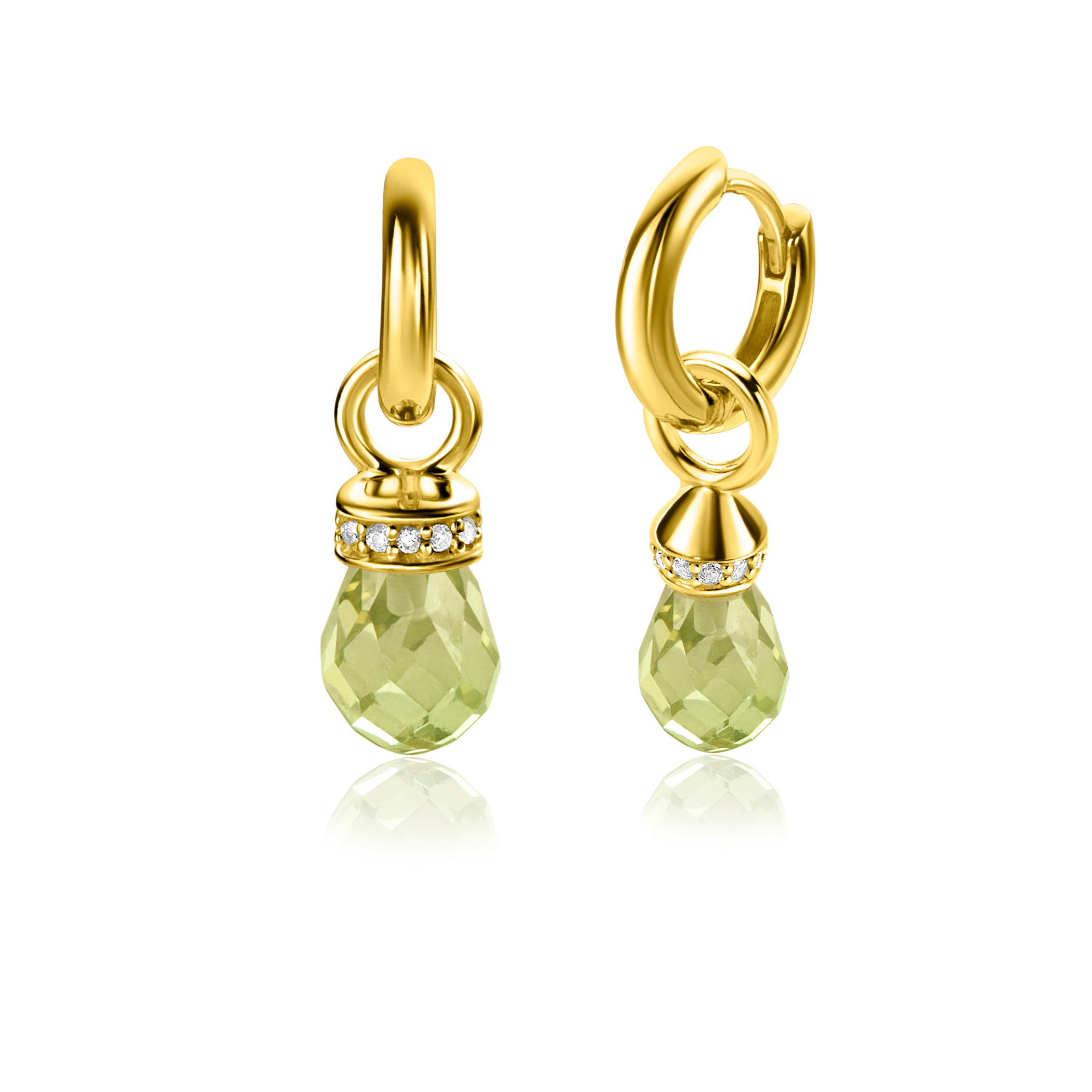 17mm ZINZI gold plated zilveren oorbedels in peervorm groen peridot en witte zirconia's ZICH2429 (zonder oorringen)